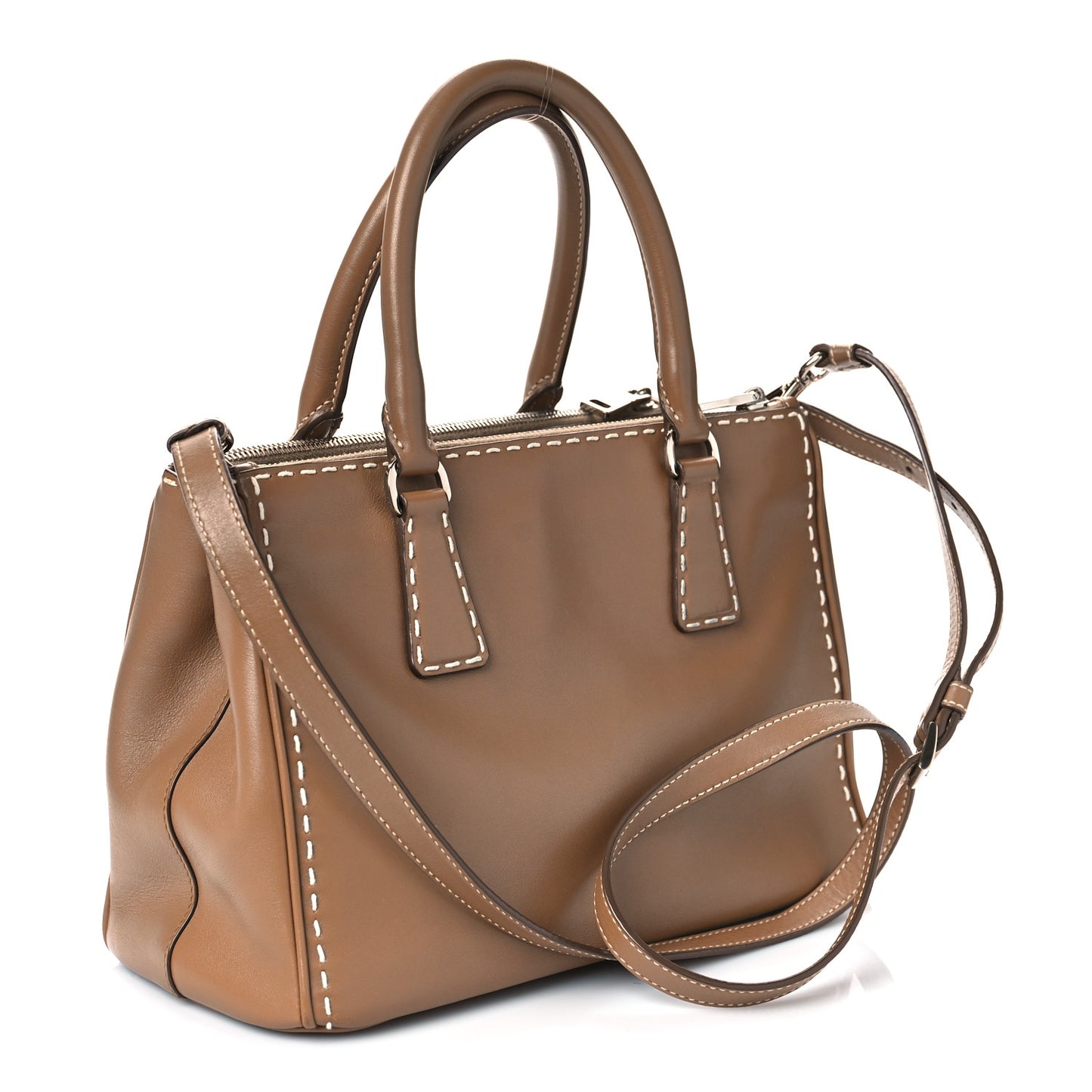 City Calf Mini Hand Stitched Galleria Double Zip Tote Caramel