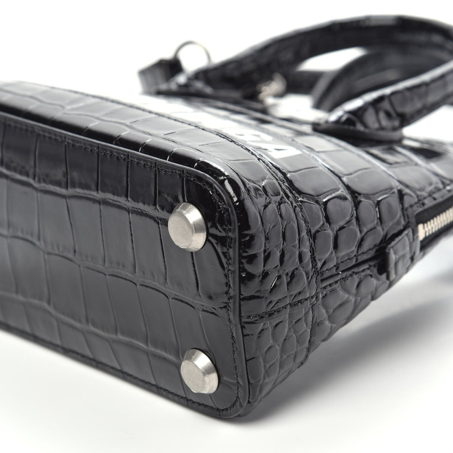 Shiny Calfskin Logo Crocodile Embossed XXS Ville Top Handle Bag Black White