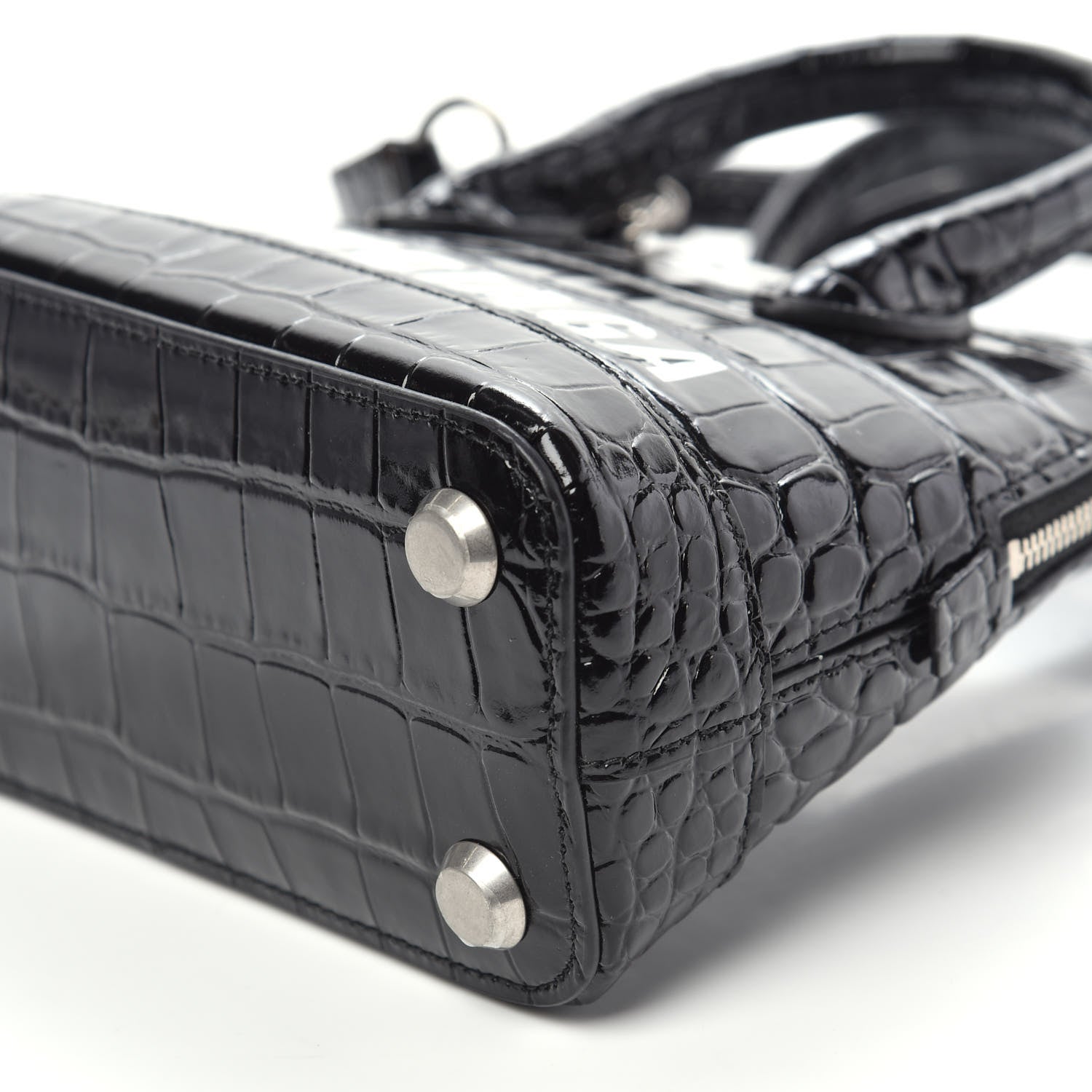 Balenciaga Shiny Calfskin Logo Crocodile Embossed XXS Ville Top Handle Bag Black White 9 of 10