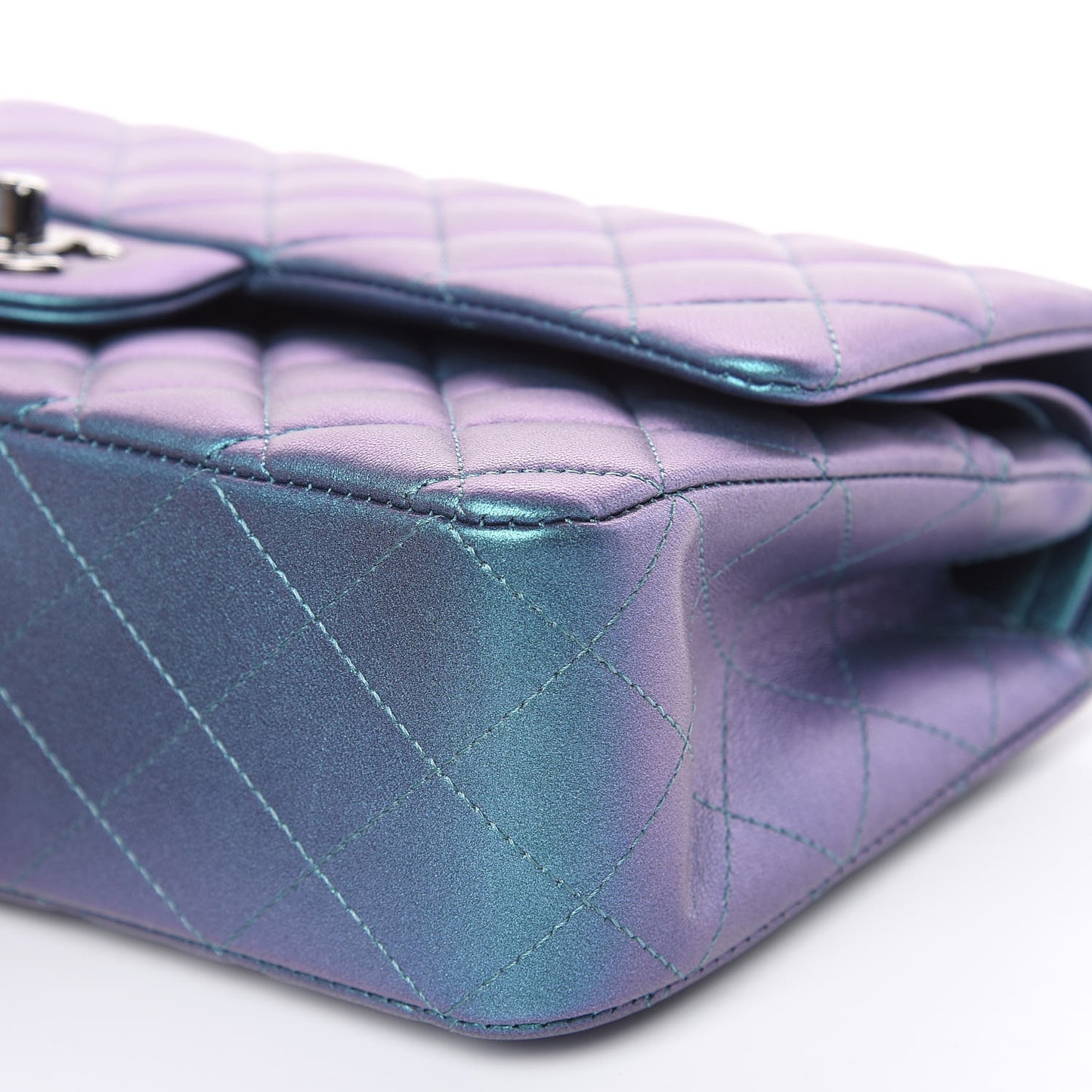 Metallic Lambskin Quilted Medium Double Flap Turquoise