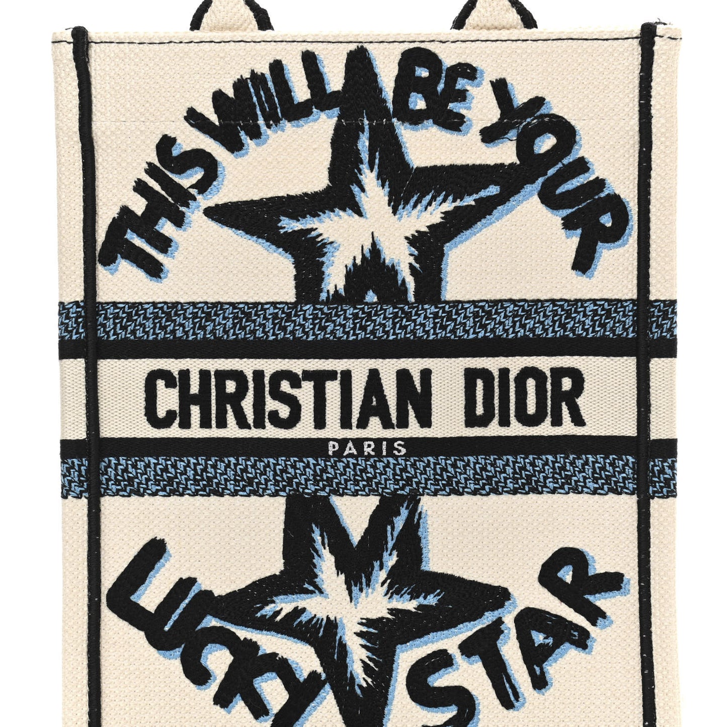 Canvas Embroidered Vertical Lucky Star Book Tote White Multicolor