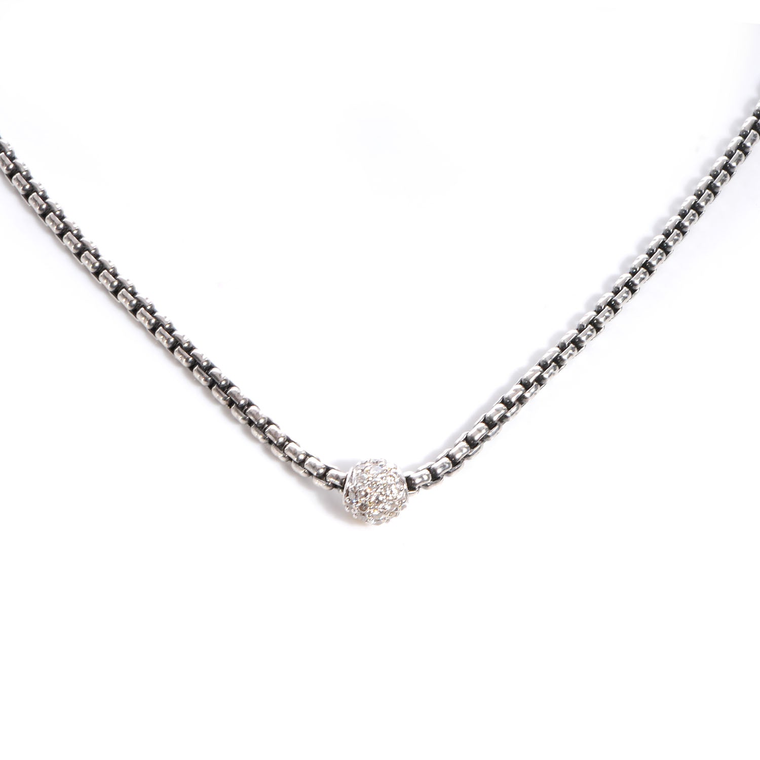 David Yurman Sterling Silver 18K White Gold Diamond Pave Ball Box Chain Necklace 1 of 5