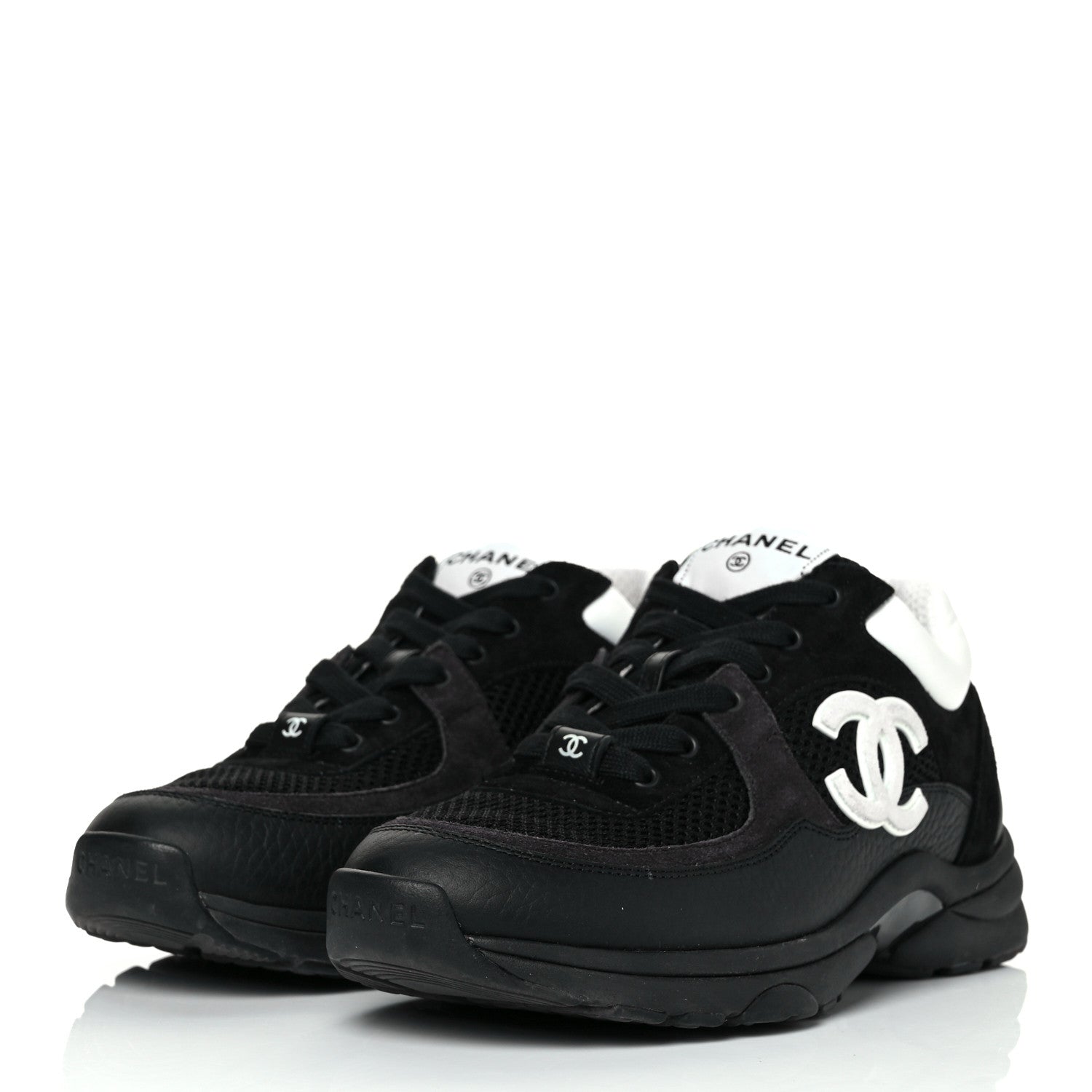 Chanel Mesh Suede Grained Calfskin Womens CC Sneakers 37.5 Black White 3 of 9