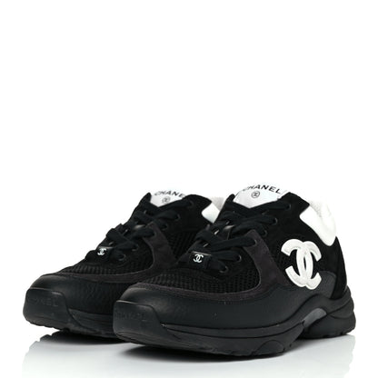 Chanel Mesh Suede Grained Calfskin Womens CC Sneakers 37.5 Black White 3 of 9