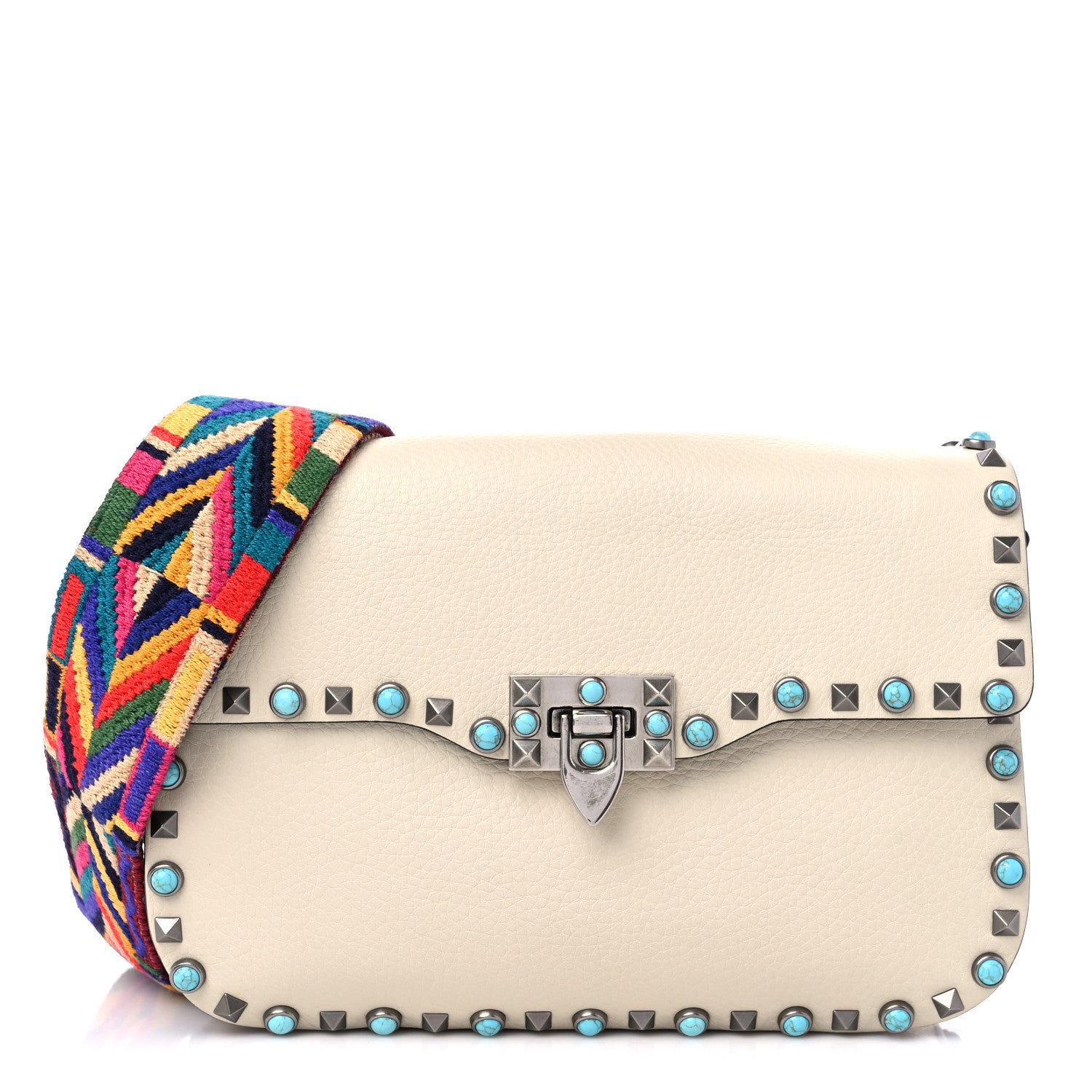 Valentino Garavani Pebbled Calfskin Turquoise Medium Guitar Strap Rockstud Rolling Flap Saddle Bag White 1 of 9