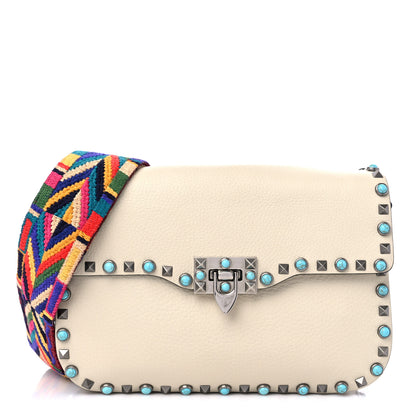 Valentino Garavani Pebbled Calfskin Turquoise Medium Guitar Strap Rockstud Rolling Flap Saddle Bag White 1 of 9