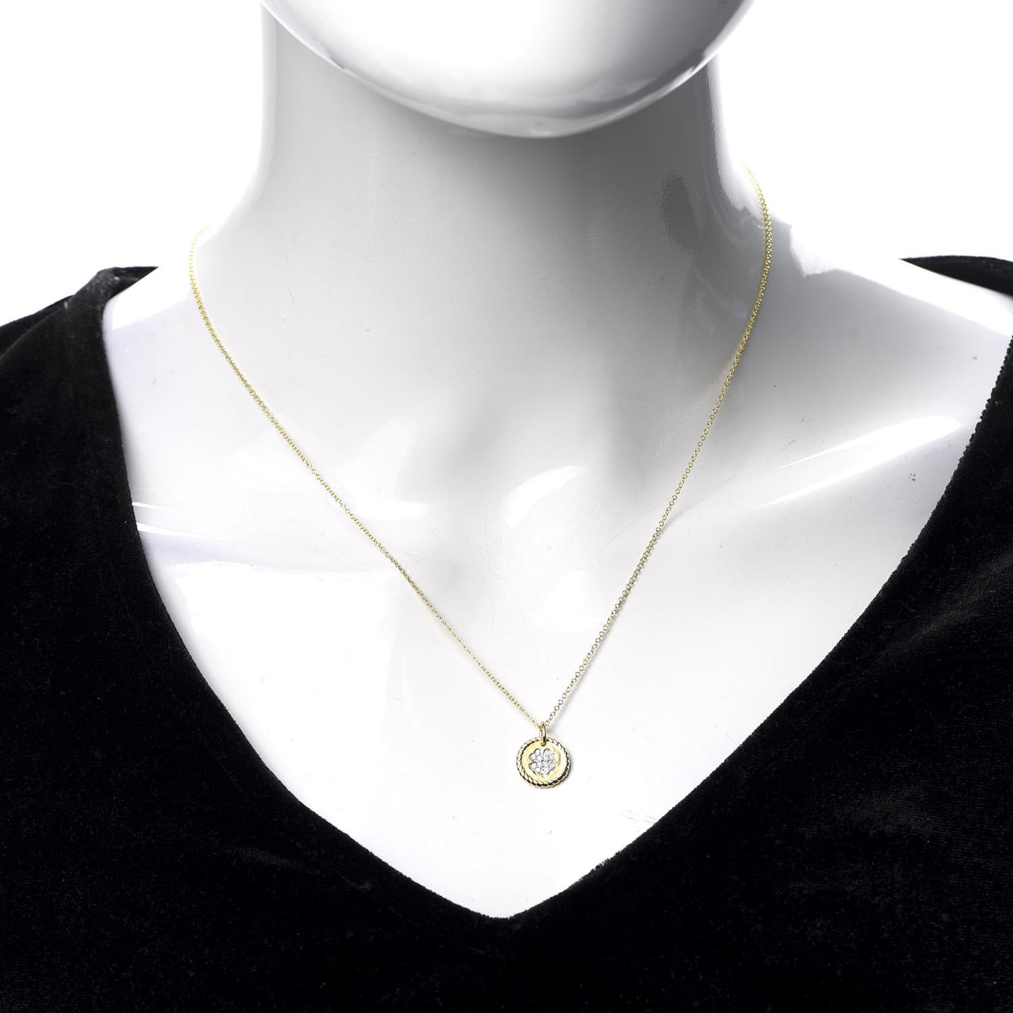 18K Yellow Gold Diamond Cable Collectibles Clover Charm Pendant Necklace