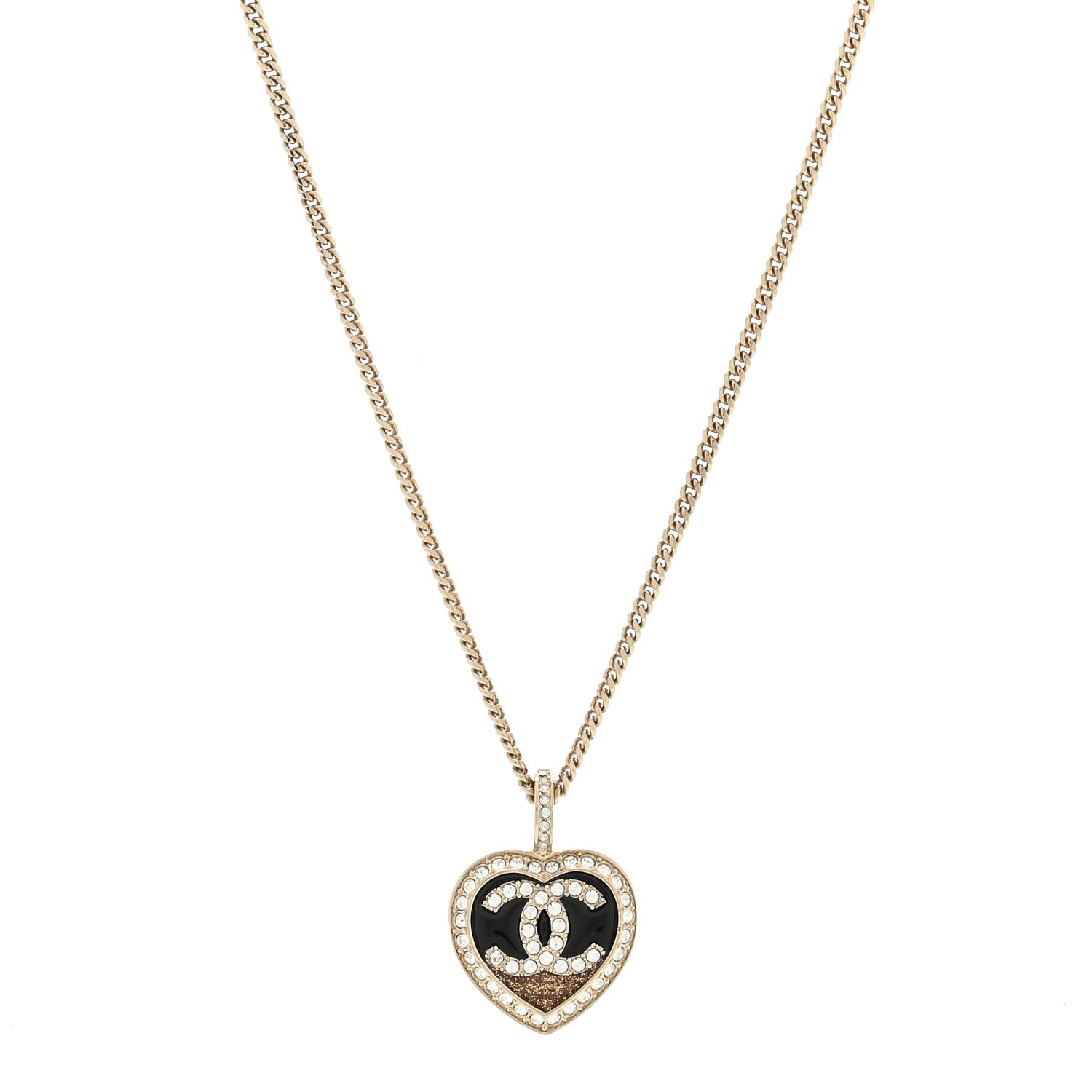 Chanel Resin Crystal Glitter CC Heart Necklace Black Gold 1 of 3