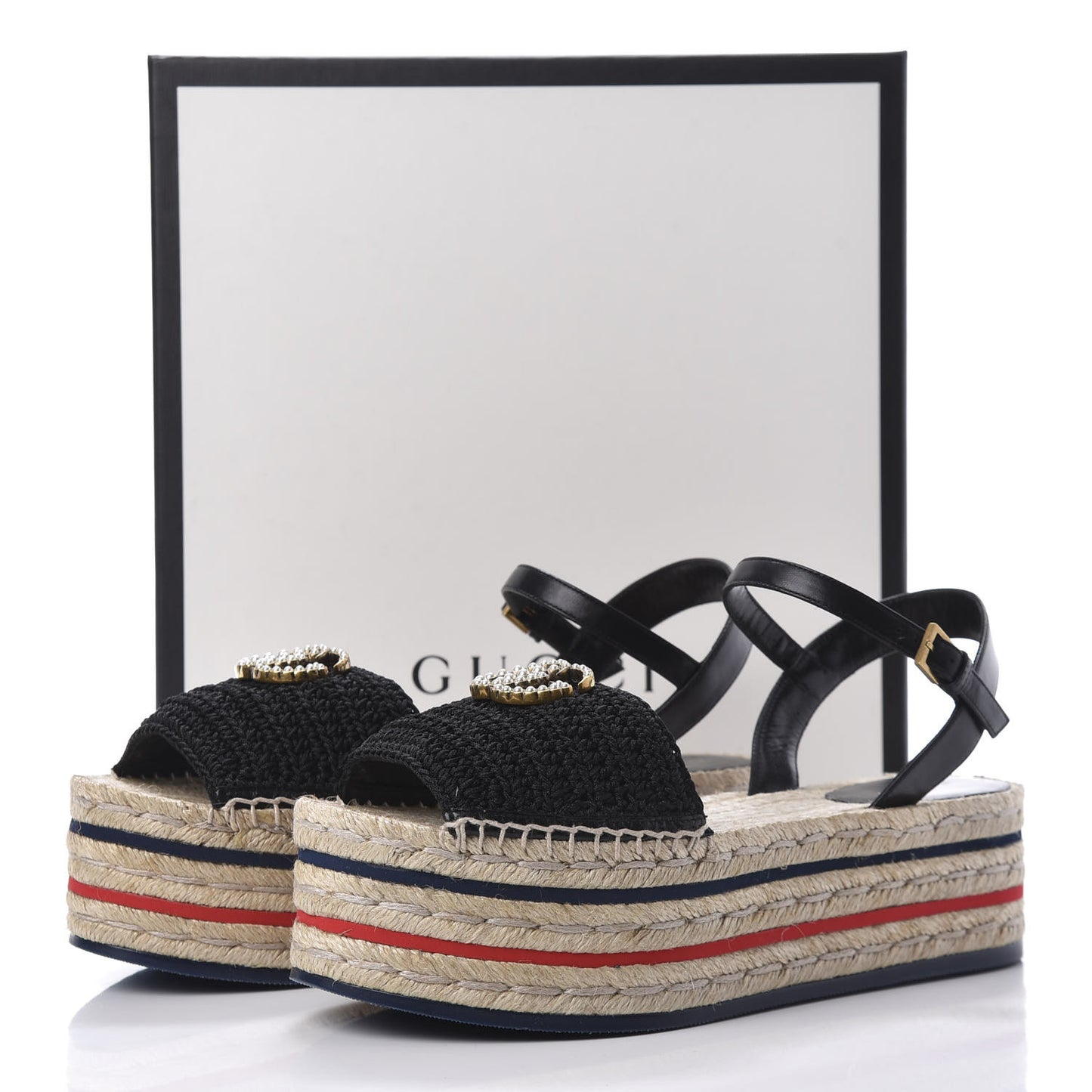 Cotton Malaga Kid Crochet Pearly GG Lilibeth Espadrille Platform Sandals 38.5 Black