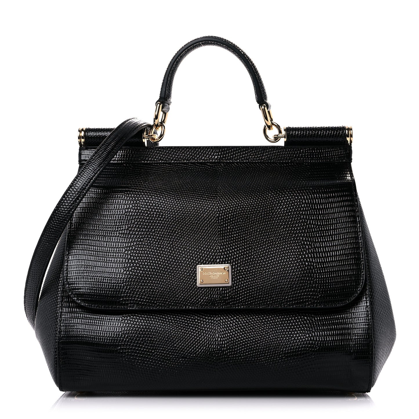 Lizard Calfskin Embossed Medium Miss Sicily Satchel Black