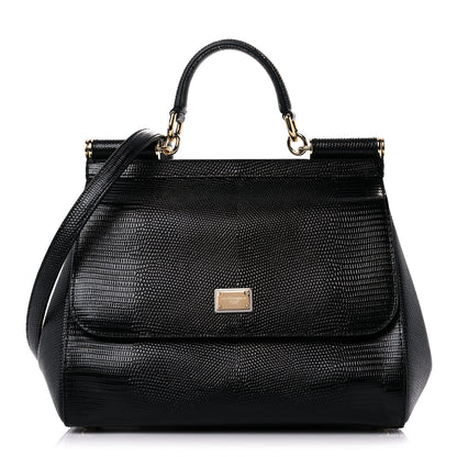 Dolce & Gabbana Lizard Calfskin Embossed Medium Miss Sicily Satchel Black 1 of 9