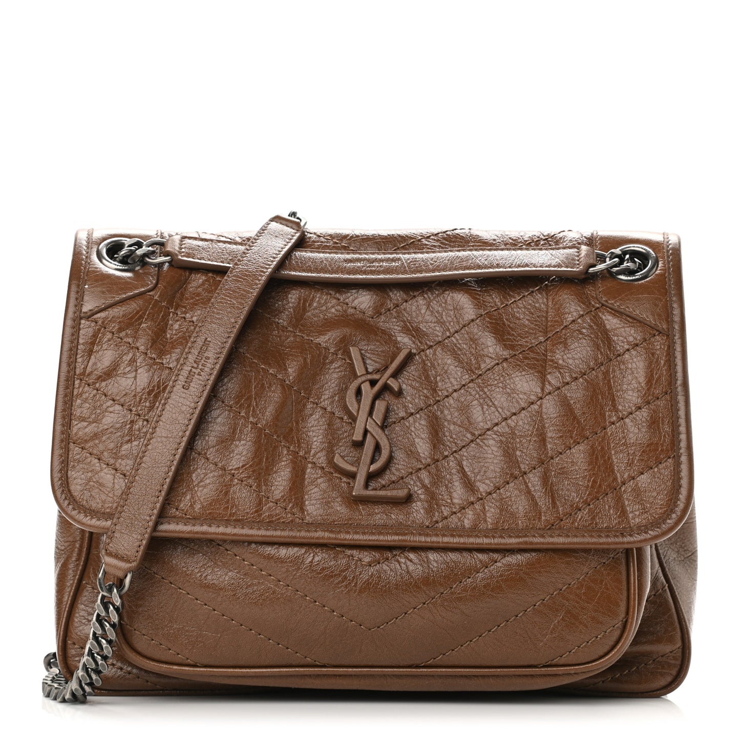 Crinkled Calfskin Matelasse Monogram Medium Niki Chain Satchel Tan Brown