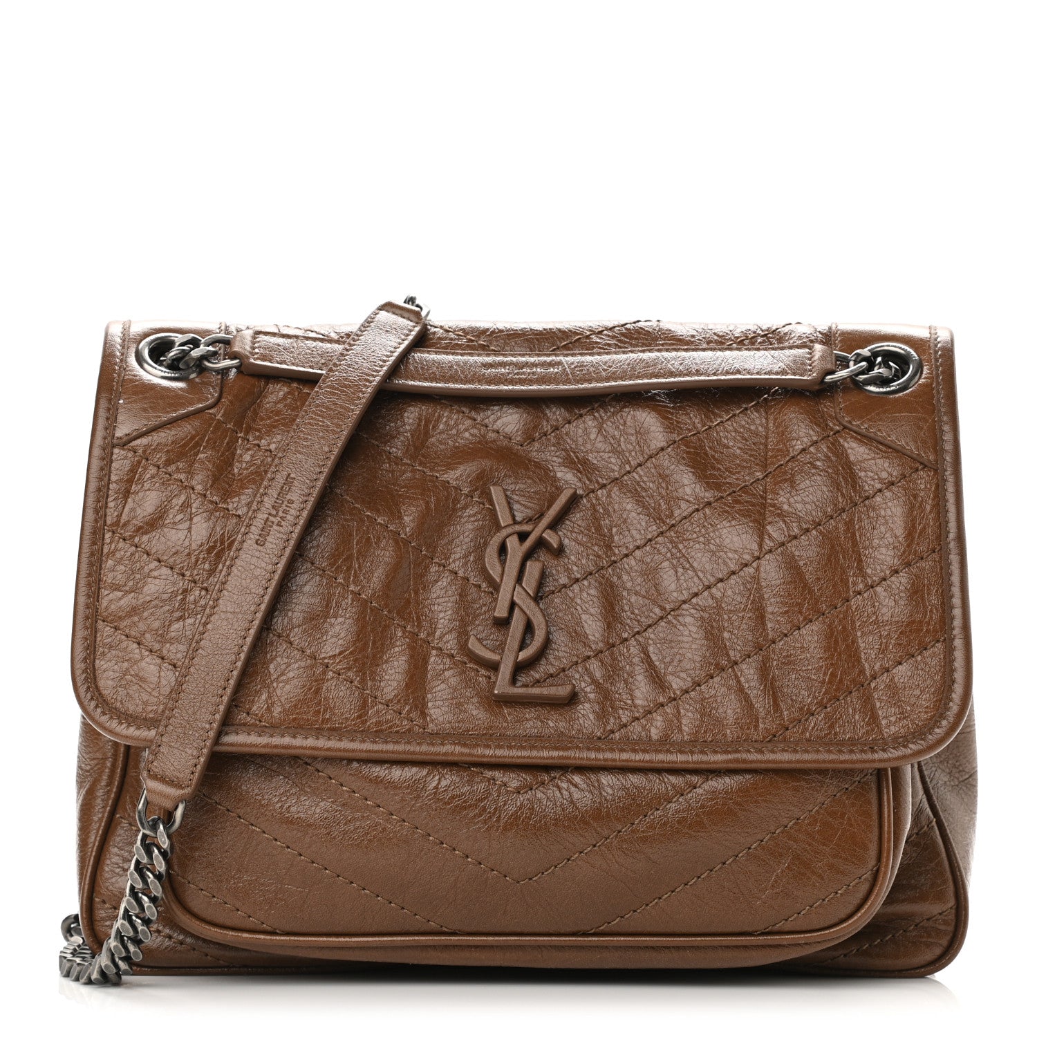Saint Laurent Crinkled Calfskin Matelasse Monogram Medium Niki Chain Satchel Tan Brown 1 of 8