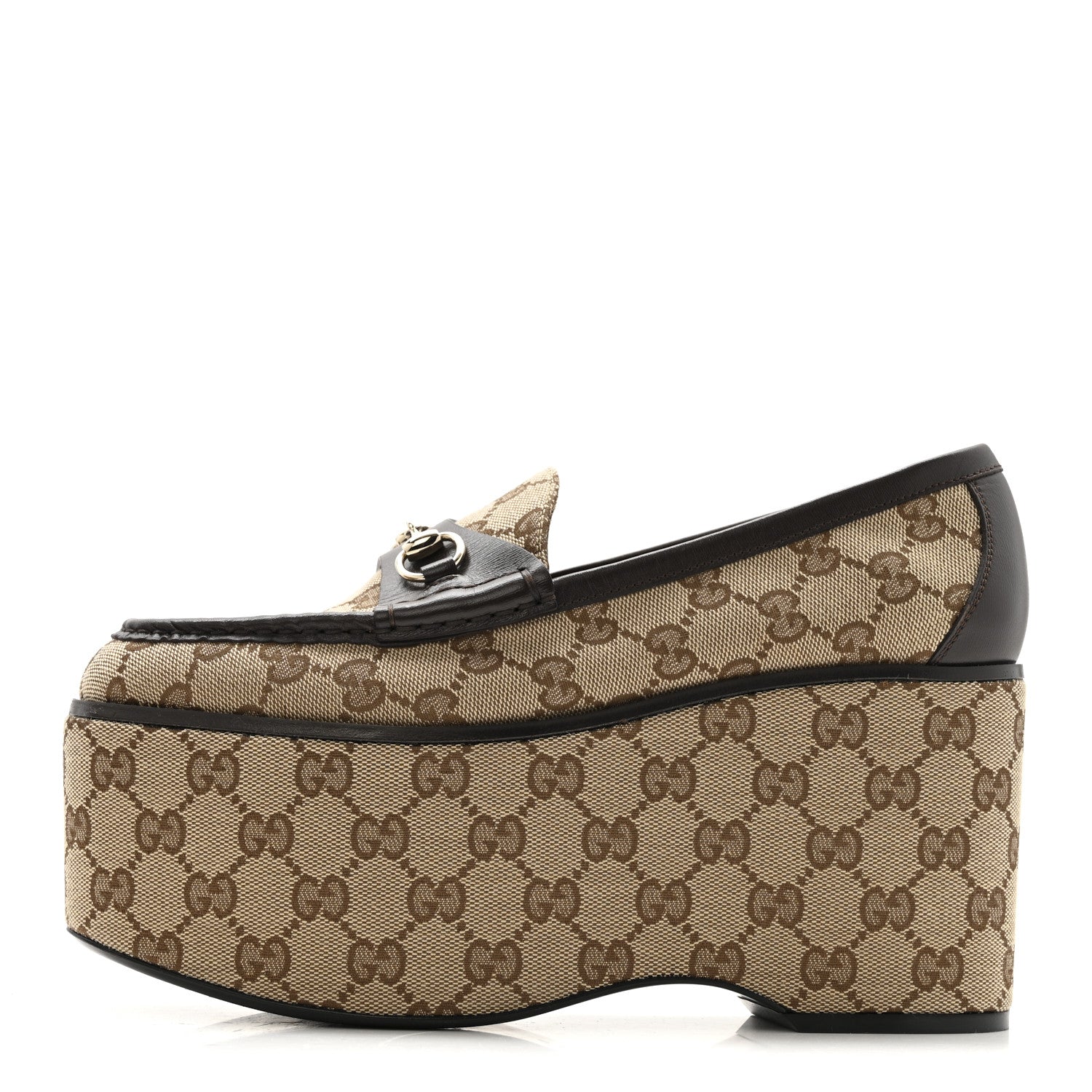 Gucci Canvas GG Monogram Horsebit Calfskin Womens Horsebit Platform Loafers 38 Beige Ebony 1 of 12
