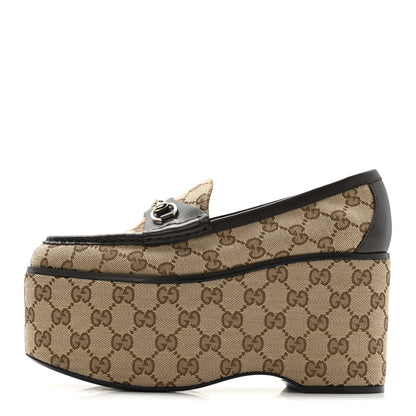 Gucci Canvas GG Monogram Horsebit Calfskin Womens Horsebit Platform Loafers 38 Beige Ebony 1 of 12