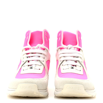 Chanel Suede Calfskin Lambskin Neoprene High Top CC Sneakers 40 White Fluo Pink 3 of 9