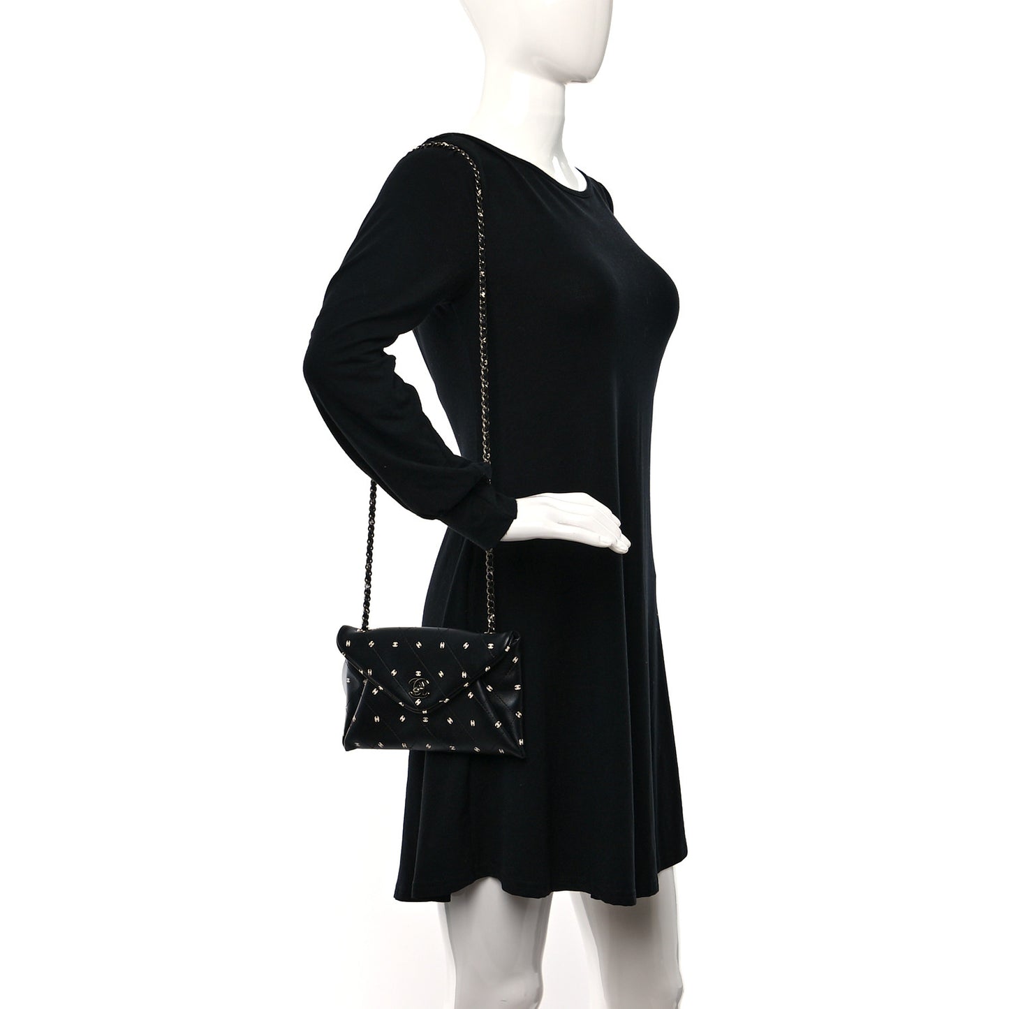 Printed Lambskin Logo CC Envelope Clutch With Chain Black White