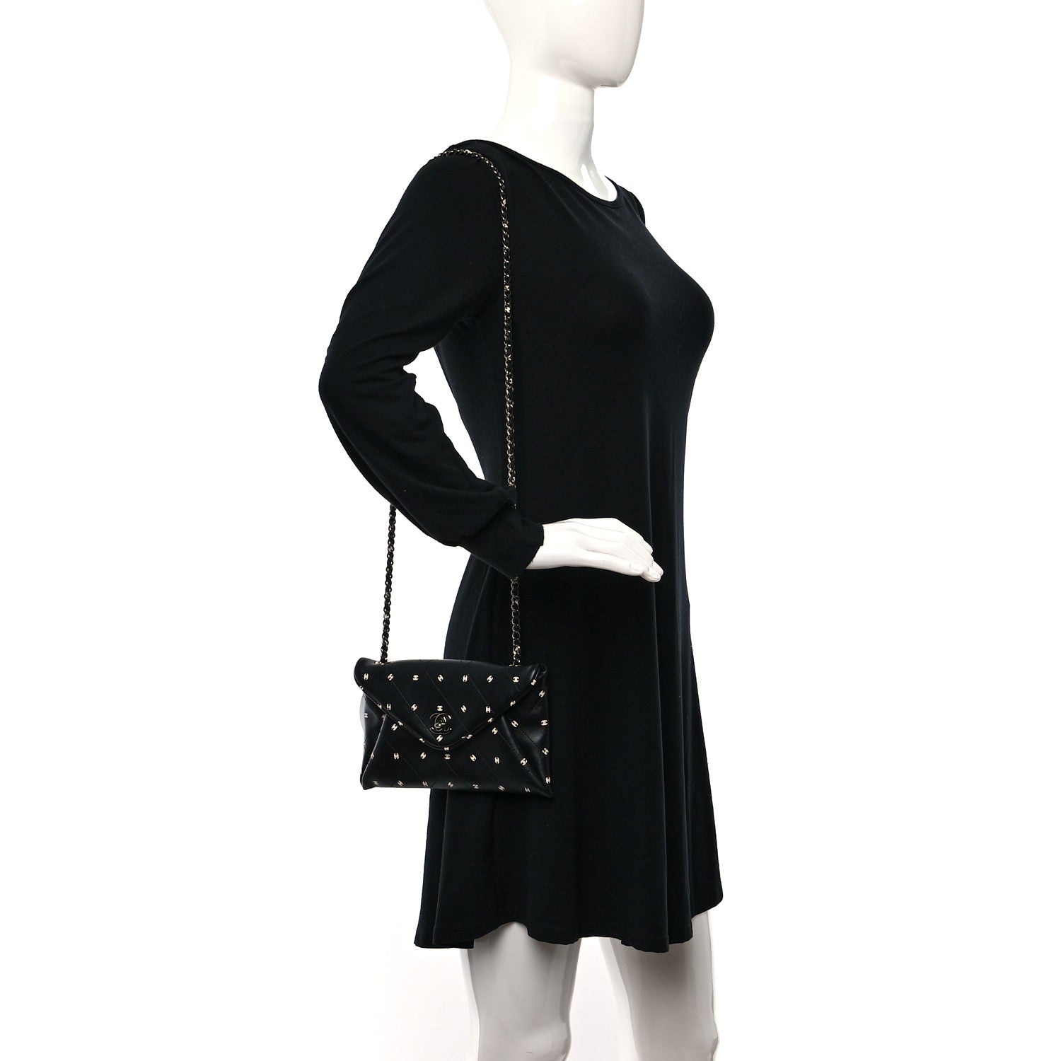 Chanel Printed Lambskin Logo CC Envelope Clutch With Chain Black White 2 of 9