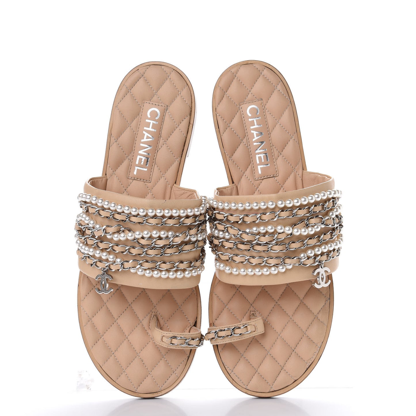 Lambskin Pearl Chain Flat Sandals 41 Beige