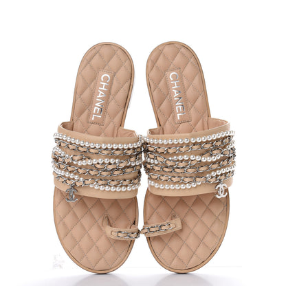 Chanel Lambskin Pearl Chain Flat Sandals 41 Beige 5 of 12