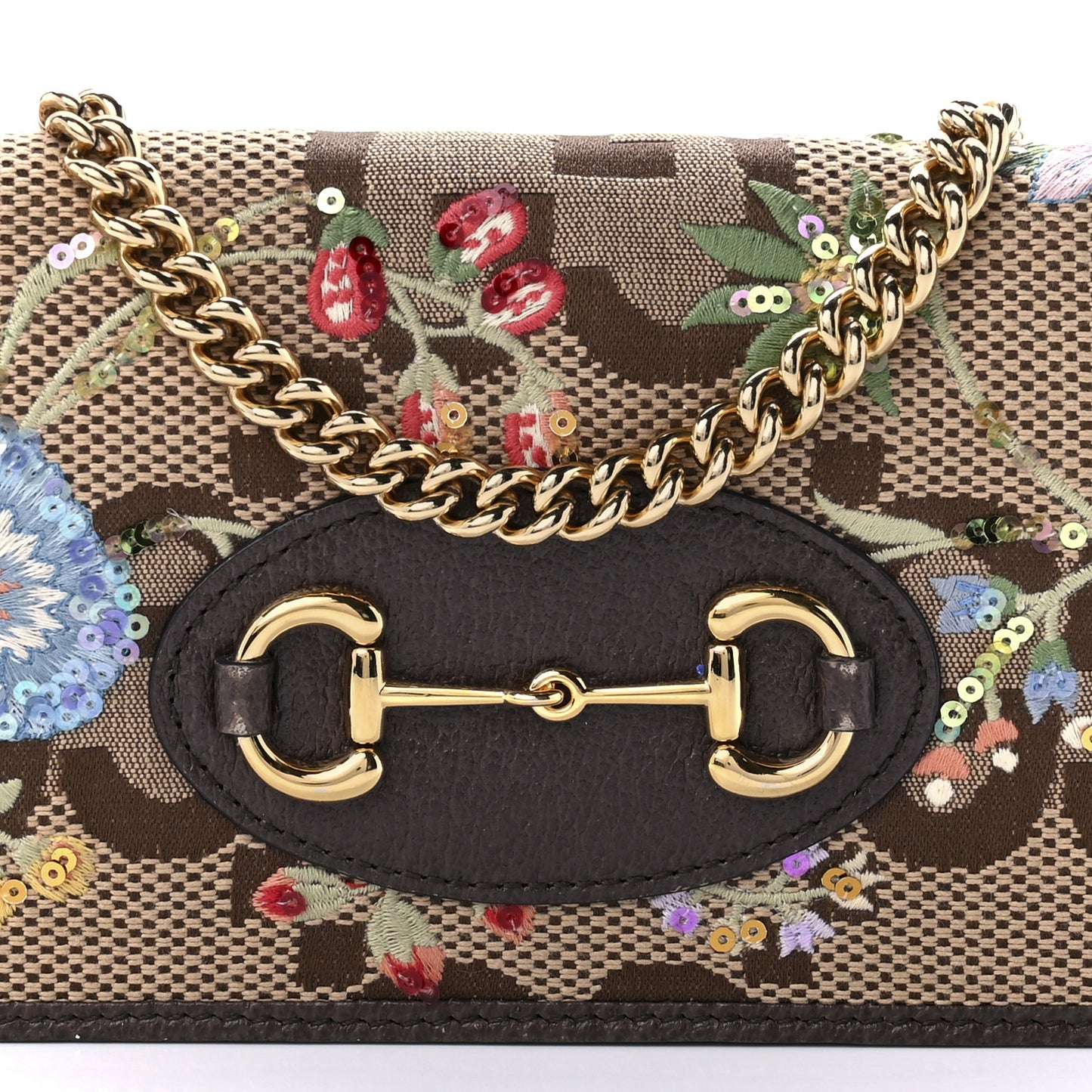 Monogram Jumbo GG Textured Dollar Calfskin Embroidered Horsebit 1955 Wallet On Chain Camel Ebony New Acero Multicolor