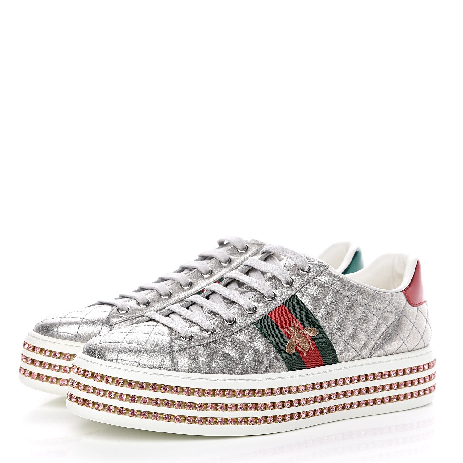 Gucci Laminated Nappa Crystal Web Bee Embroidered Trapuntata Womens Ace Platform Sneakers 40 Argento 3 of 8