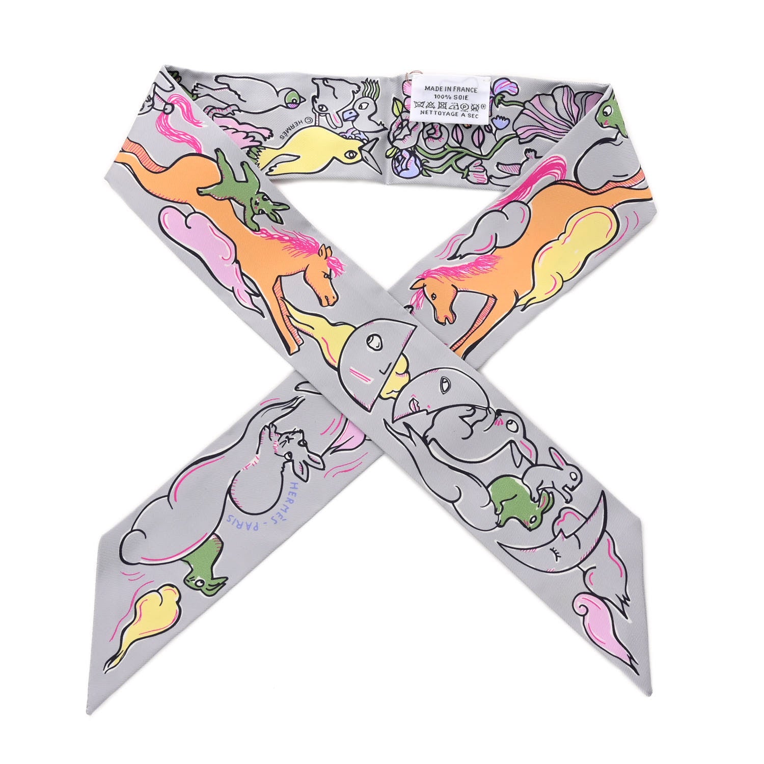 Hermes Silk Mille Et Un Lapins Twilly Gris Perle Rose Jaune 1 of 4