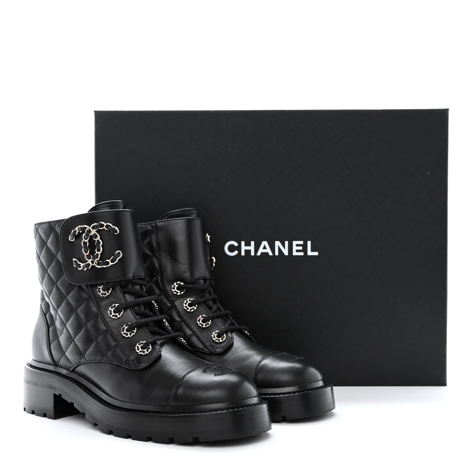 Chanel Shiny Lambskin Quilted Lace Up Combat Boots 37 Black 8 of 8