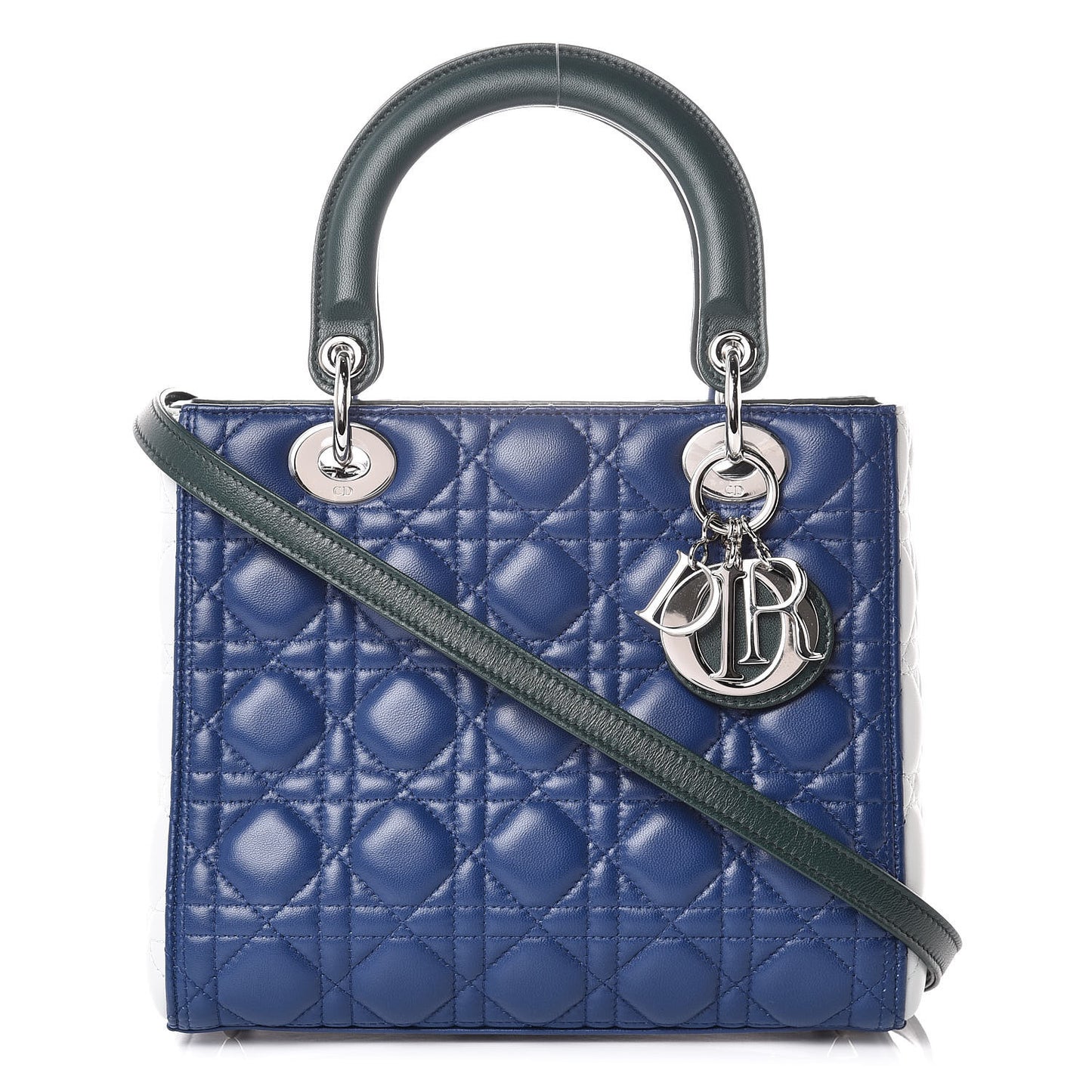 Lambskin Cannage Medium Tri-Color Lady Dior Blue Celeste Deep Green