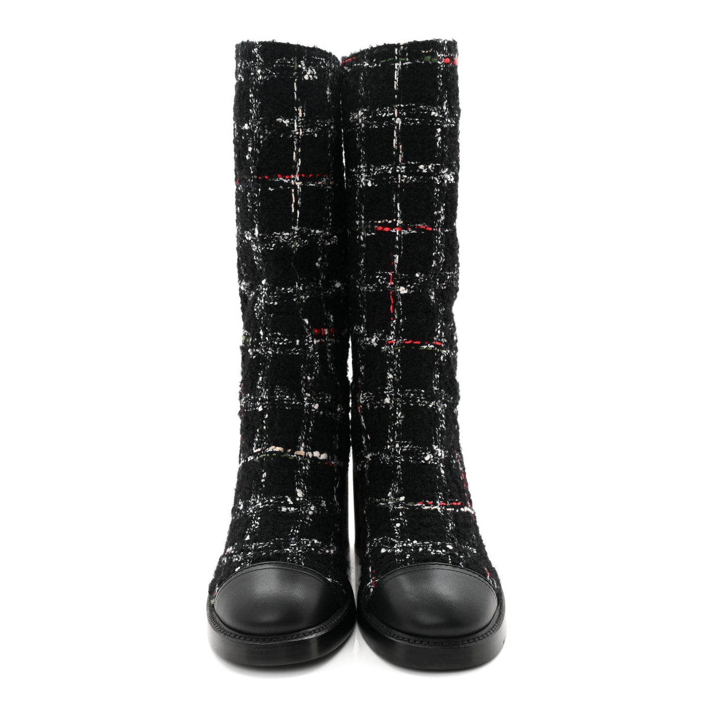 Wool Tweed Calfskin Cap Toe High Boots 38.5 Black Multicolor