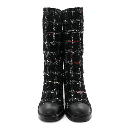 Chanel Wool Tweed Calfskin Cap Toe High Boots 38.5 Black Multicolor 2 of 10