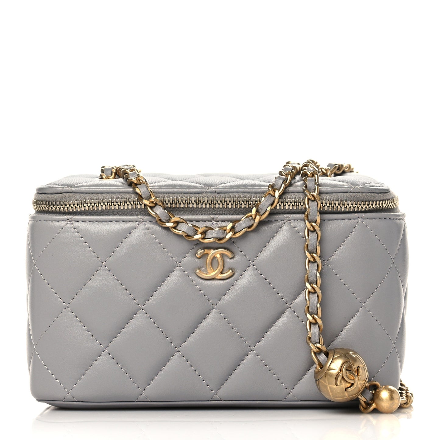 Lambskin Quilted Small Pearl Crush Vanity Case With Chain Grey