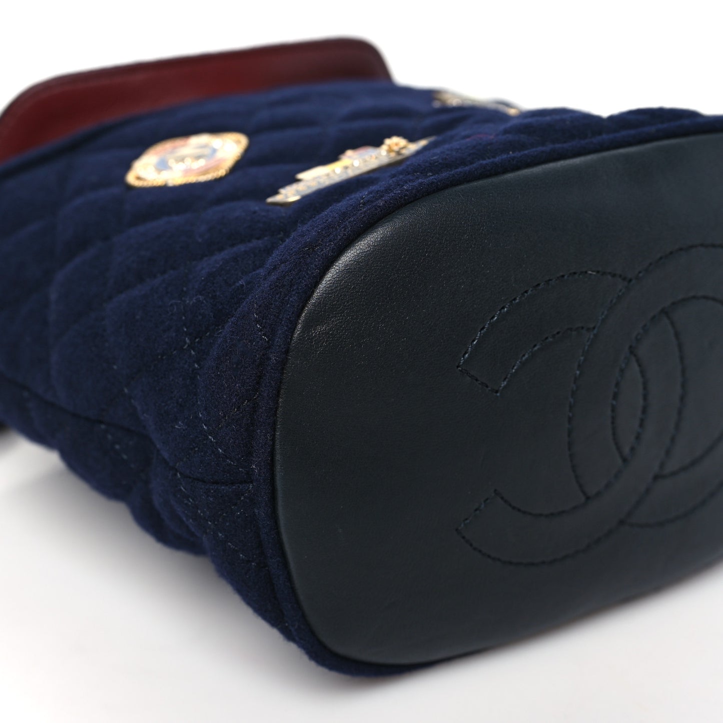 Wool Lambskin Quilted Paris Hamburg Charms Bucket Bag Dark Navy