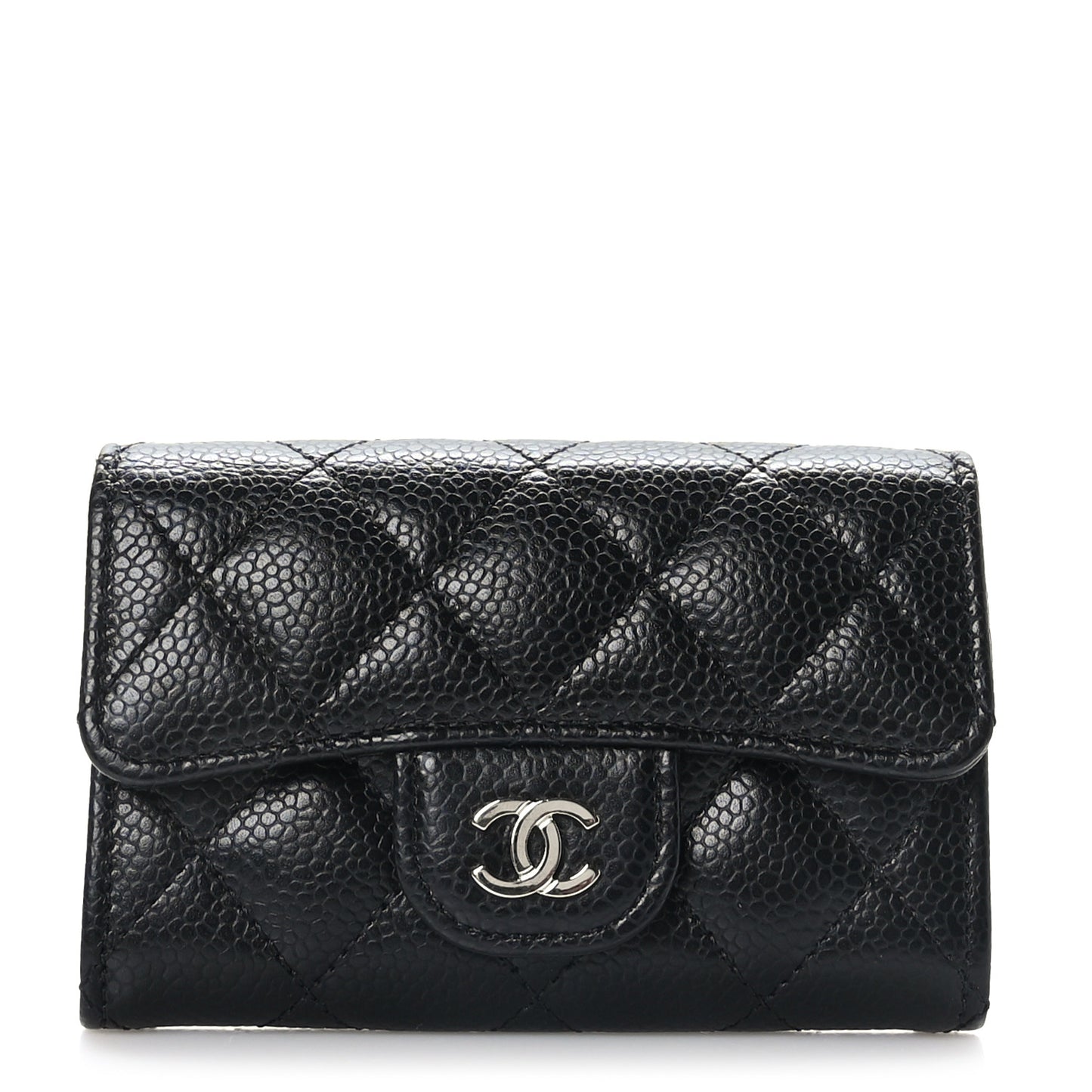 Caviar Quilted Flap Card Holder Wallet Black