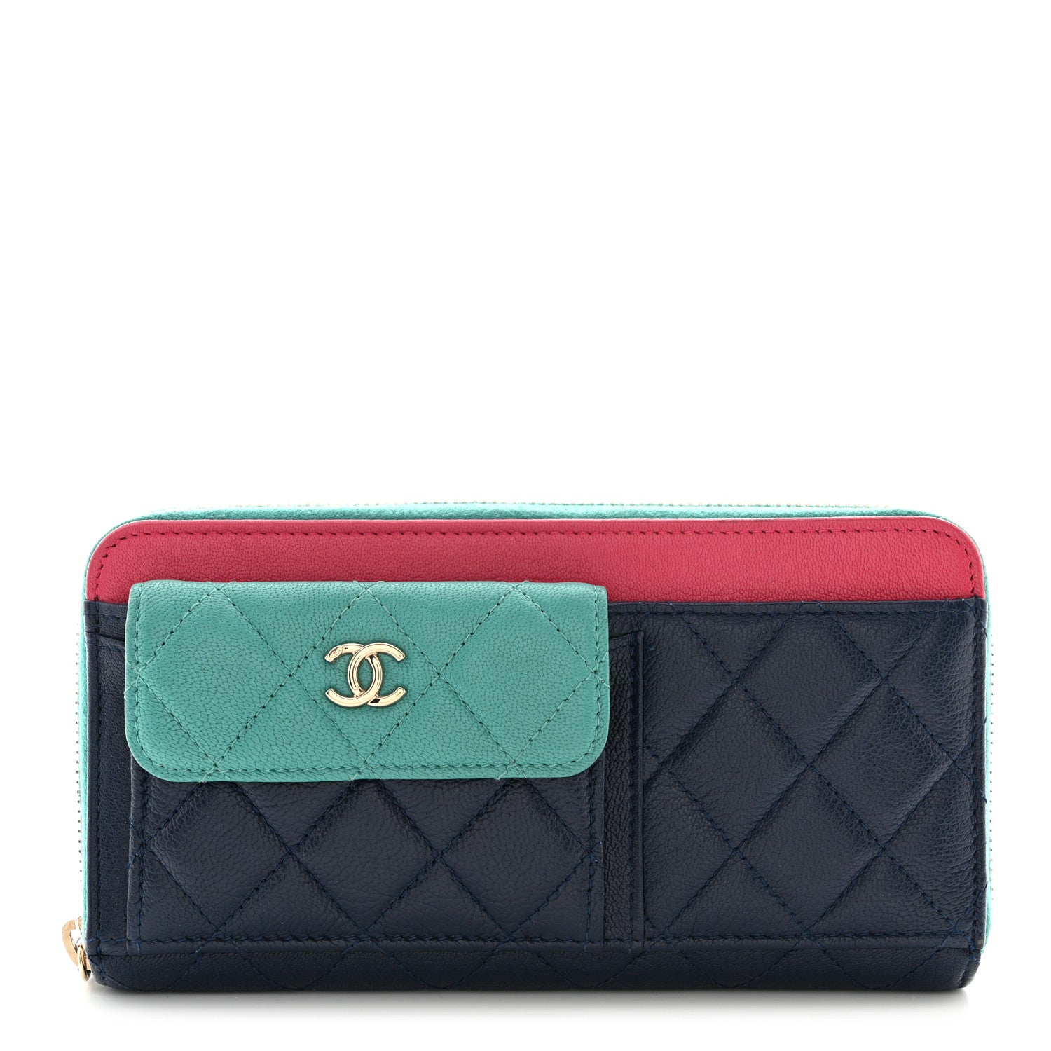 Chanel Goatskin Quilted Tri-Color In & Out Zip Around Wallet Navy Turquoise Pink 1 of 15