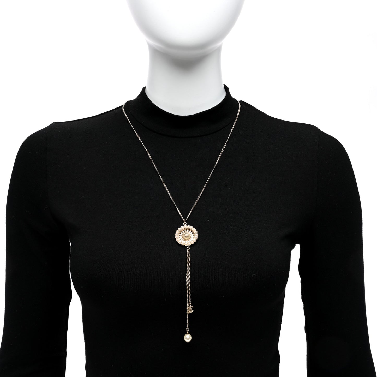 Pearl Crystal CC Pendant Necklace Gold