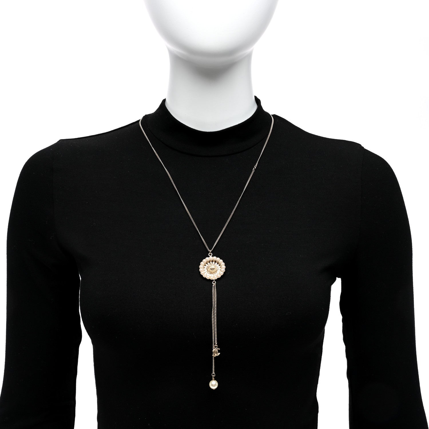Chanel Pearl Crystal CC Pendant Necklace Gold 3 of 5