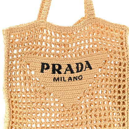 Prada Yarn Raffia Effect Crochet Logo Embroidered Tote Bag Naturale 7 of 9
