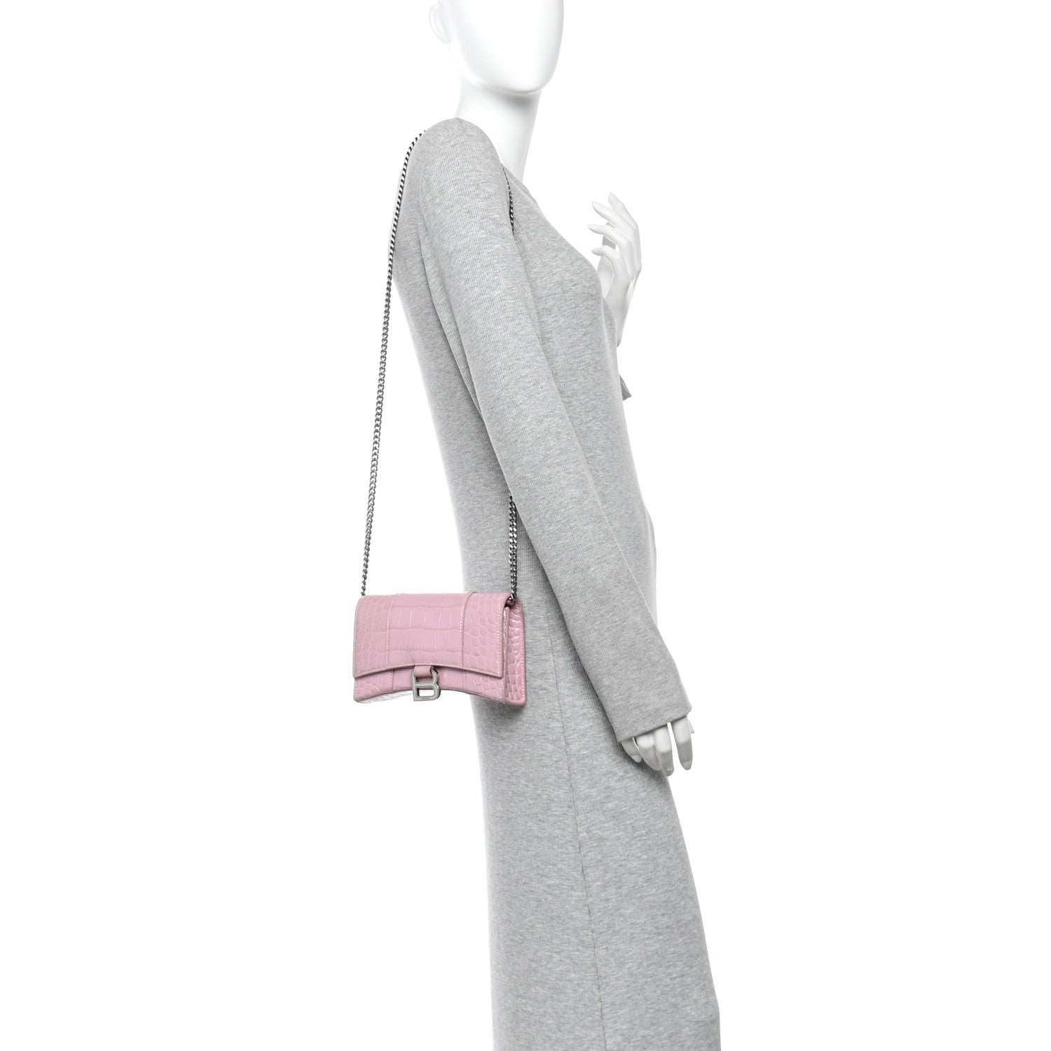 Balenciaga Shiny Calfskin Crocodile Embossed Hourglass Chain Bag Powder Pink 2 of 9