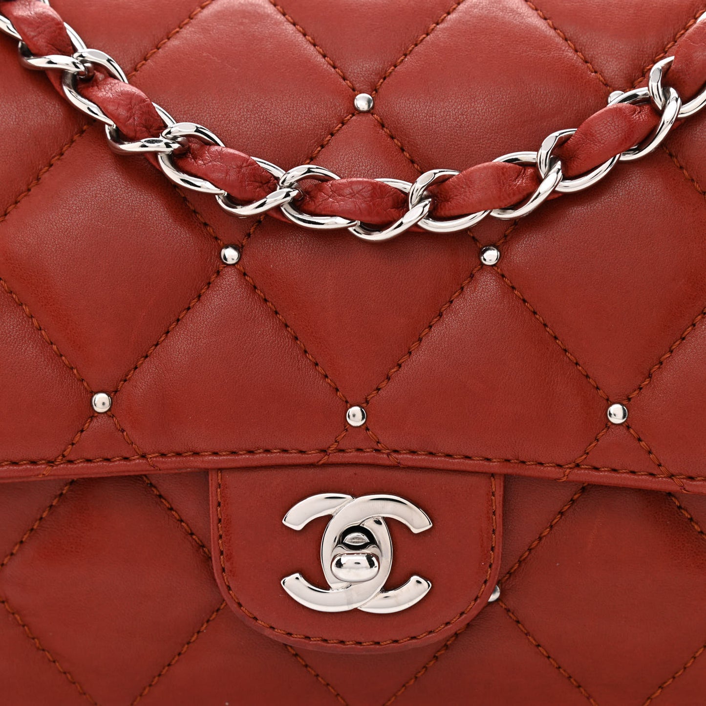 Lambskin Studded Medium Flap Orange