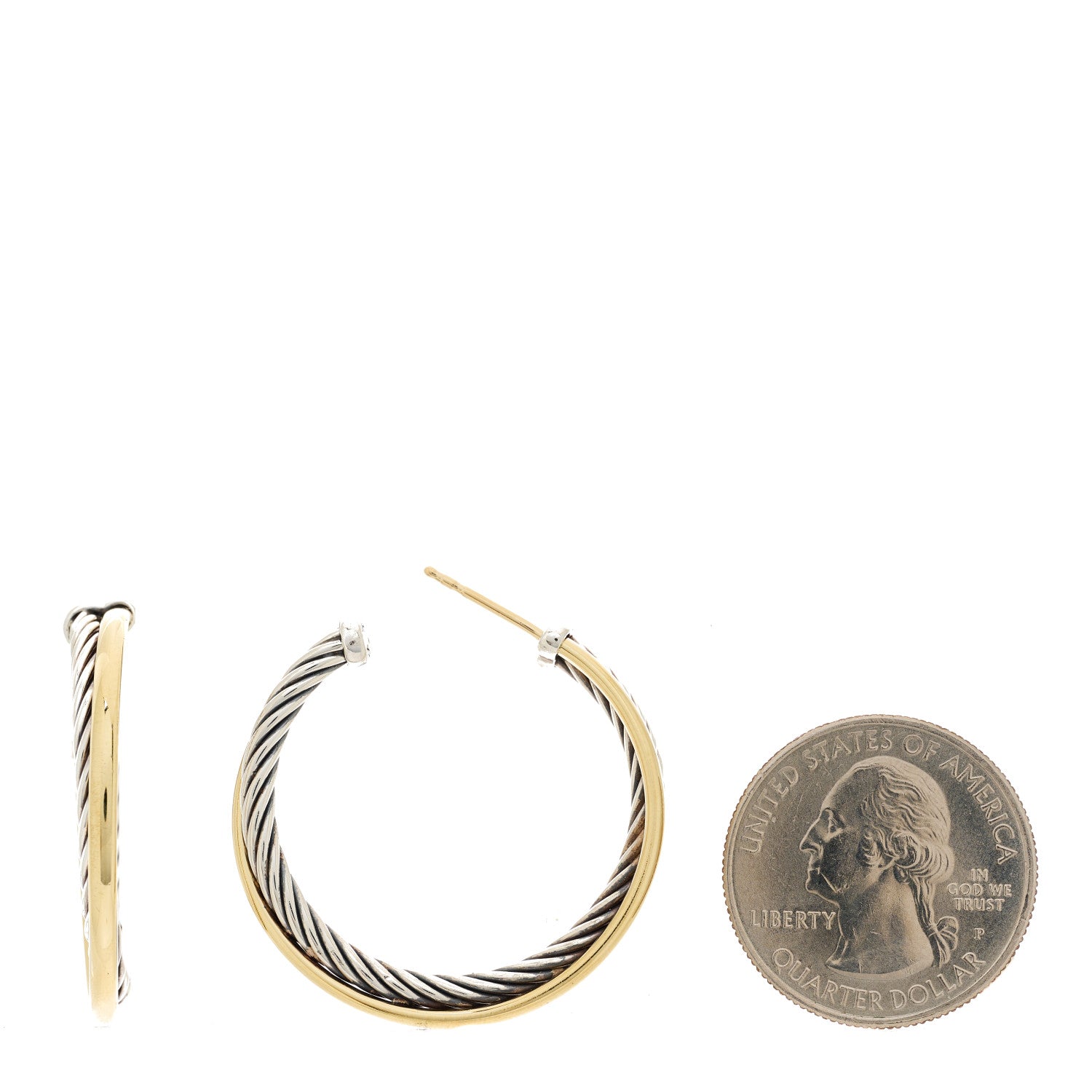 David Yurman Sterling Silver 18K Yellow Gold 31mm Crossover Cable Hoop Earrings 2 of 4