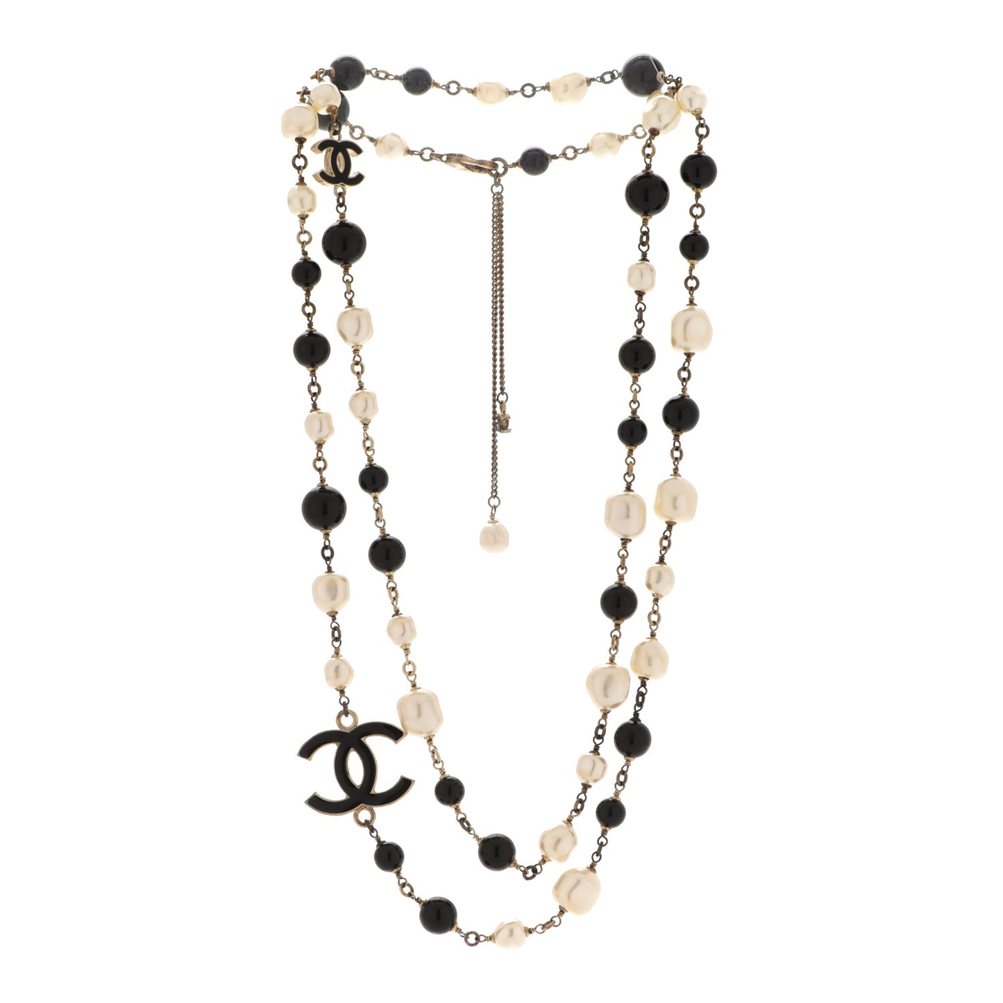 Pearl Bead Enamel CC Long Necklace Black Light Gold