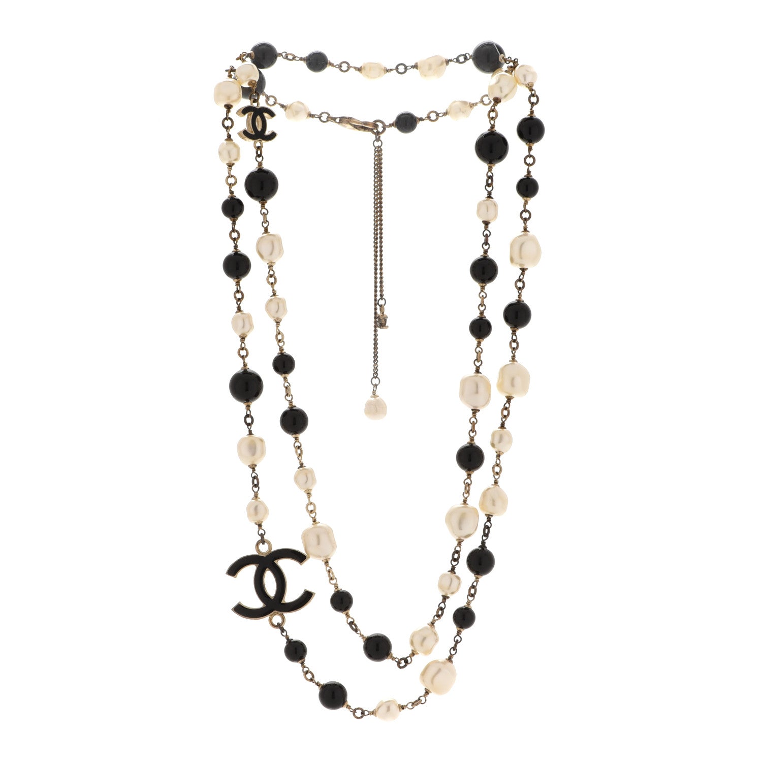 Chanel Pearl Bead Enamel CC Long Necklace Black Light Gold 3 of 6