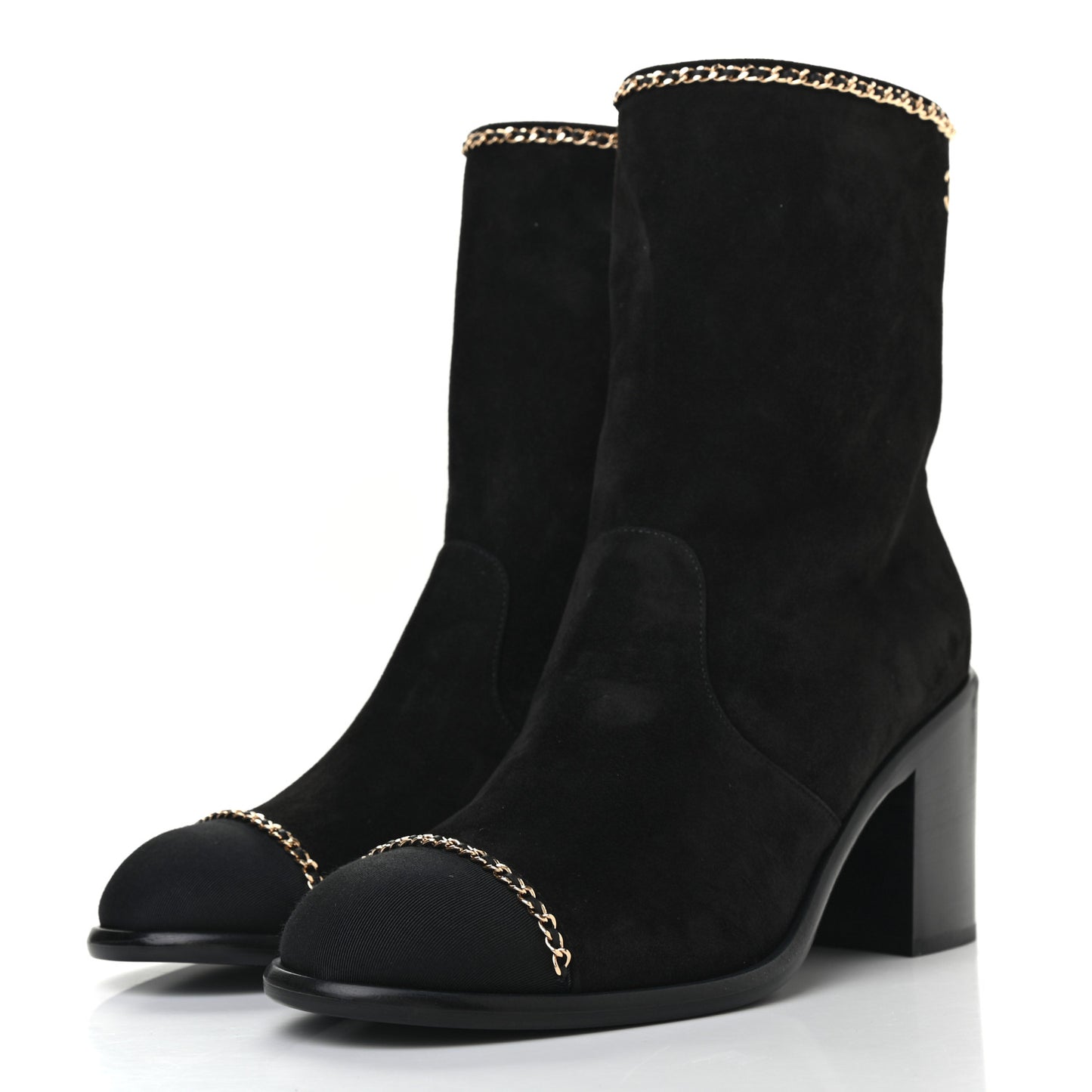 Suede Calfskin Grosgrain Cap Toe Chain Short Boots 40 Black