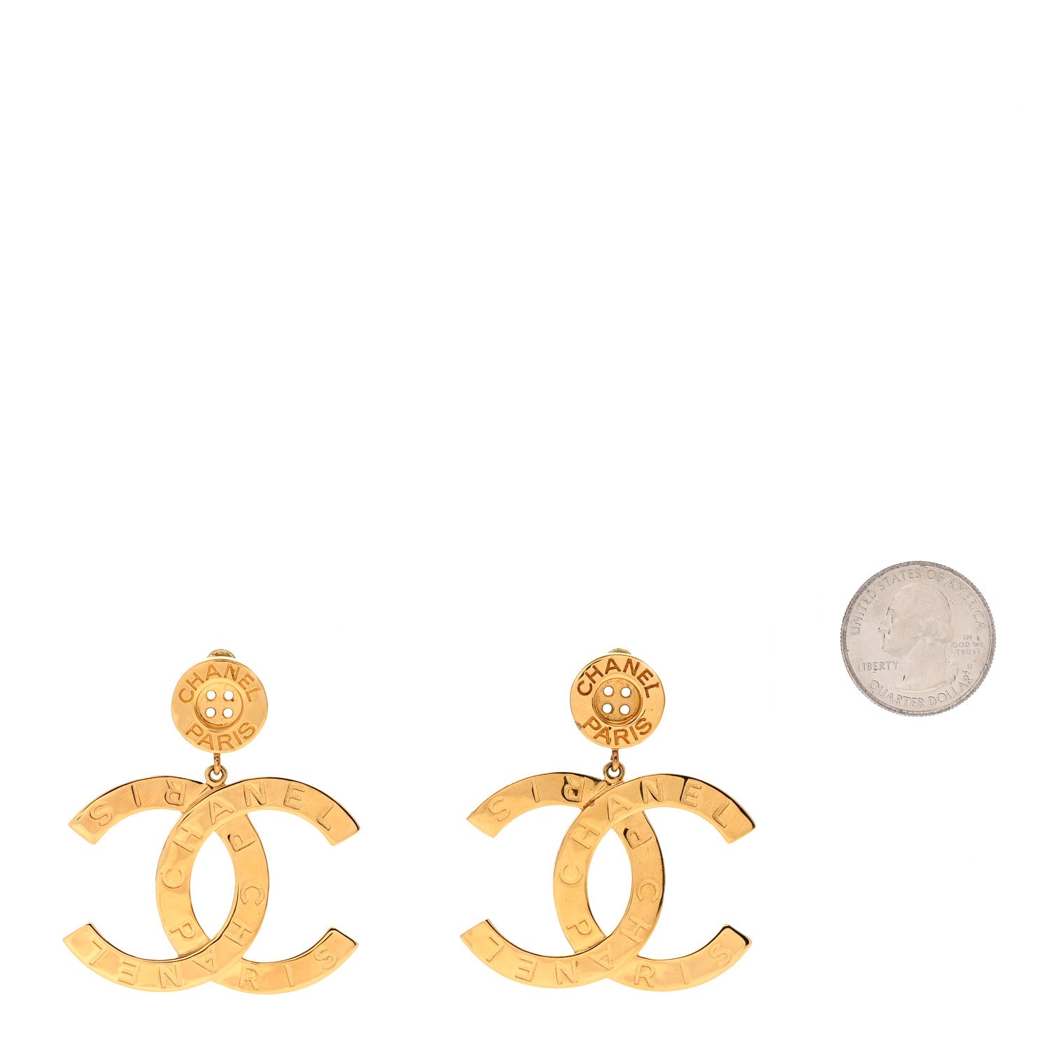 Chanel Metal Large Paris Button Earrings Gold 2 of 4