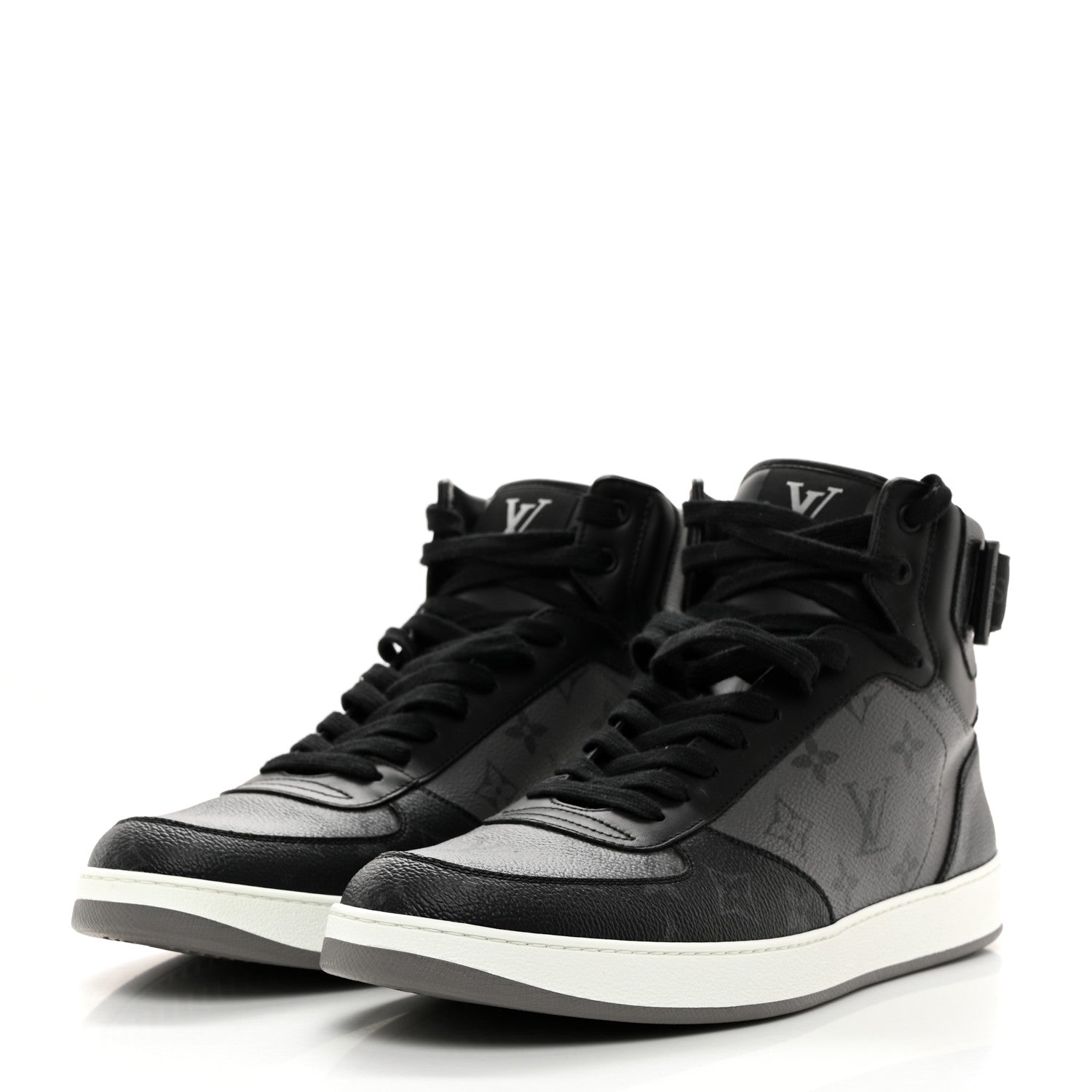Louis Vuitton Calfskin Monogram Eclipse Mens Rivoli High Top Sneakers 10 10 Black Grey 3 of 8