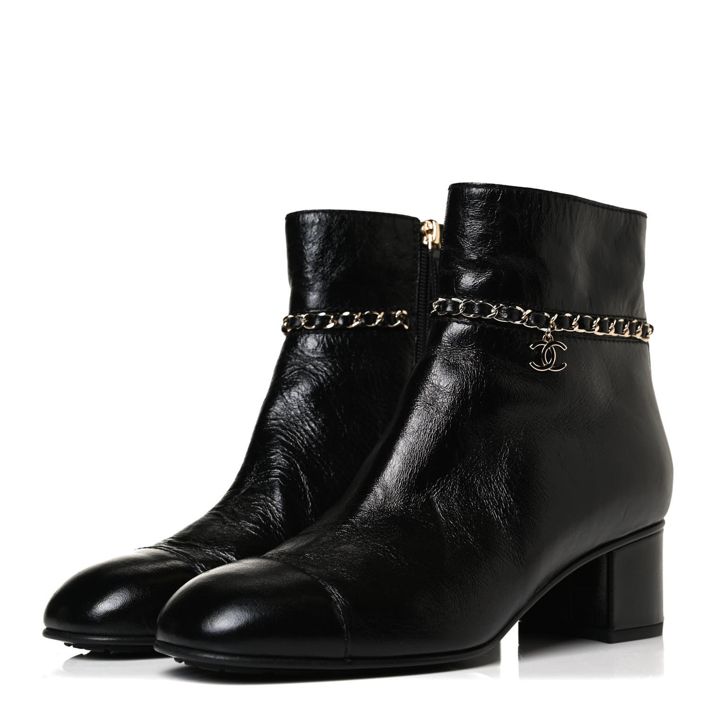 Crumpled Calfskin Cap Toe Chain Short Boots 39 Black
