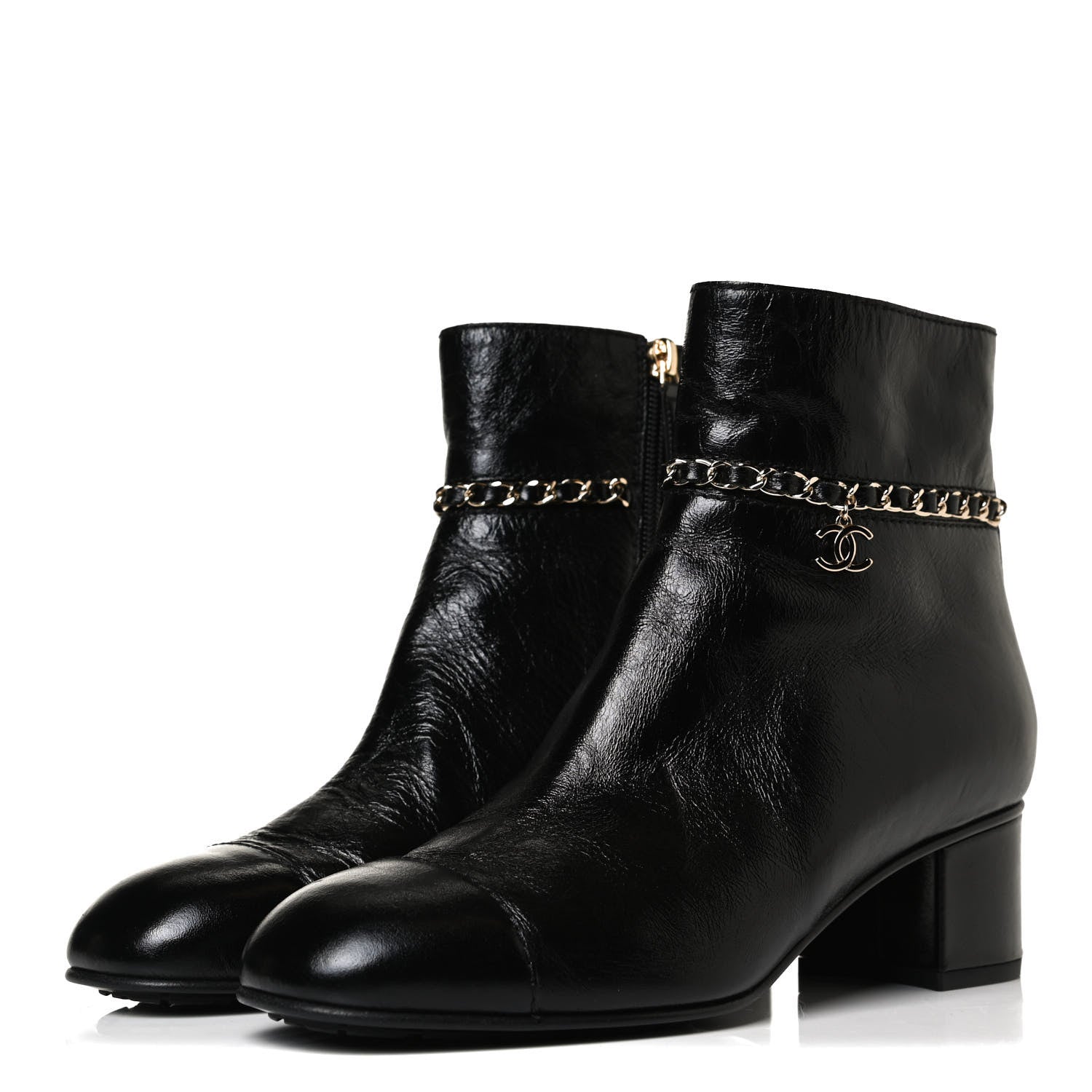Chanel Crumpled Calfskin Cap Toe Chain Short Boots 39 Black 3 of 11