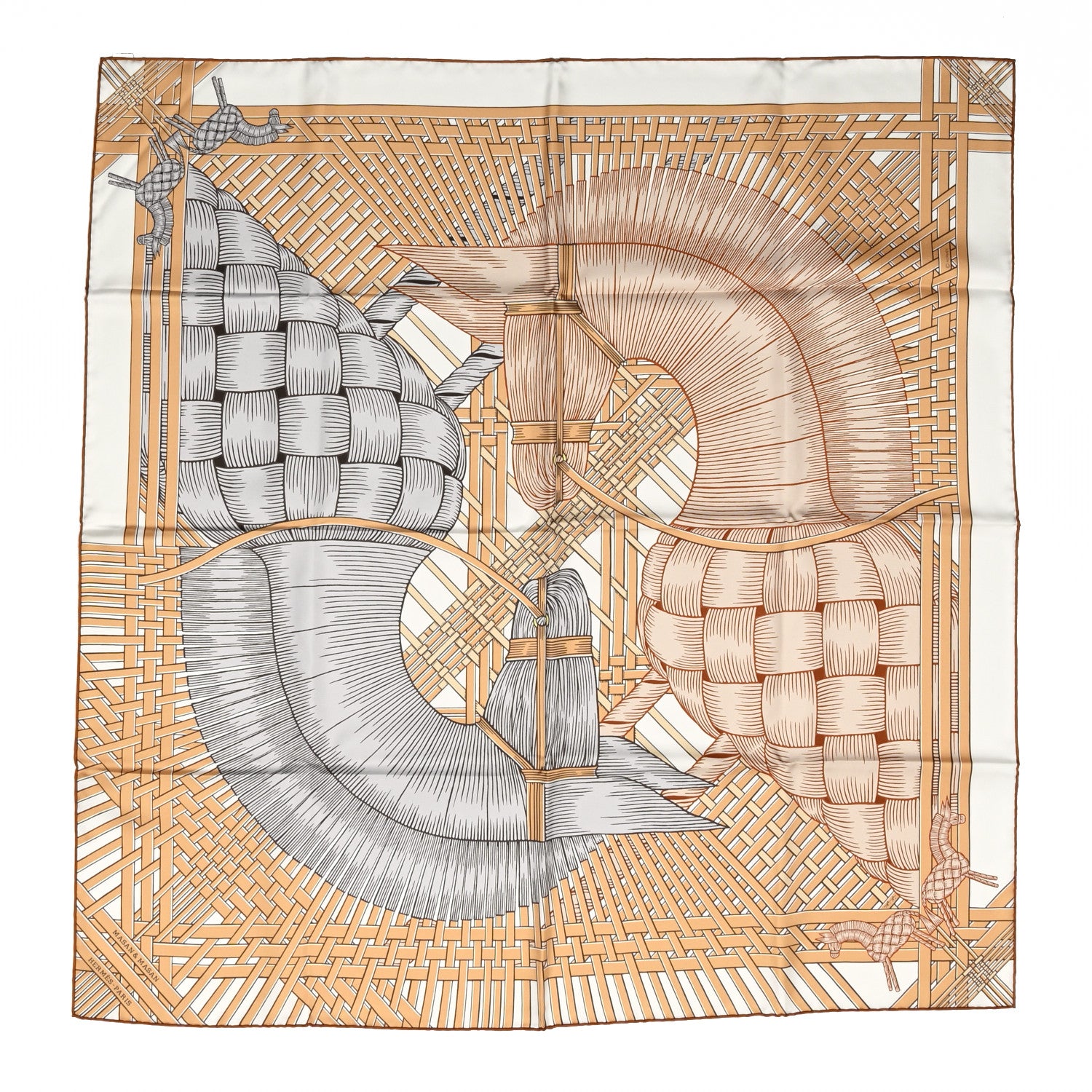 Hermes Silk Masan & Masan Scarf 90 White Beige Gris 1 of 4