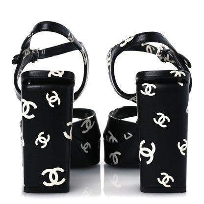 Chanel Printed Lambskin Coco Beach Platform Sandals 39 Black White 6 of 13